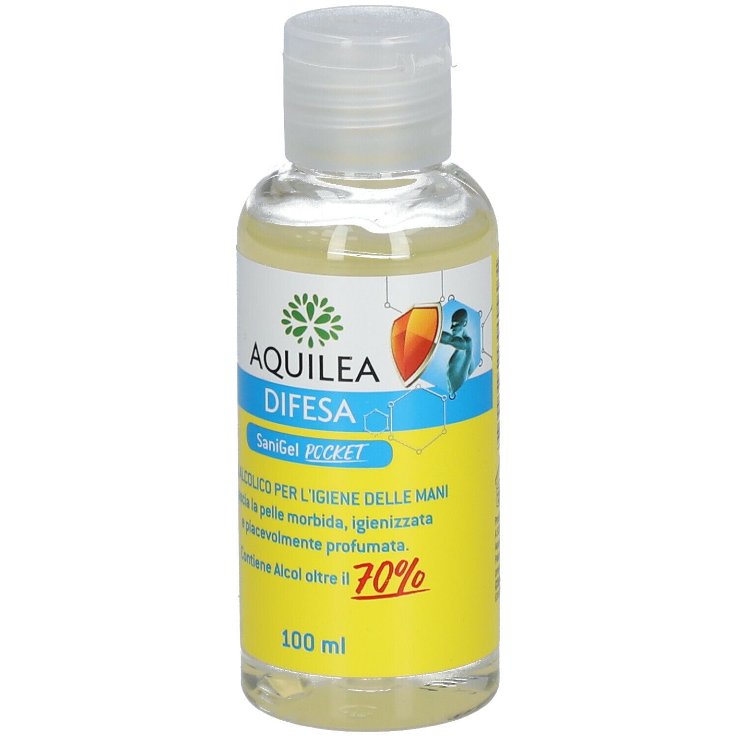 Piccolo flacone trasparente con tappo bianco. Etichetta con logo, nome del prodotto e testo. Contiene oltre il 70% di alcol. 100 ml.