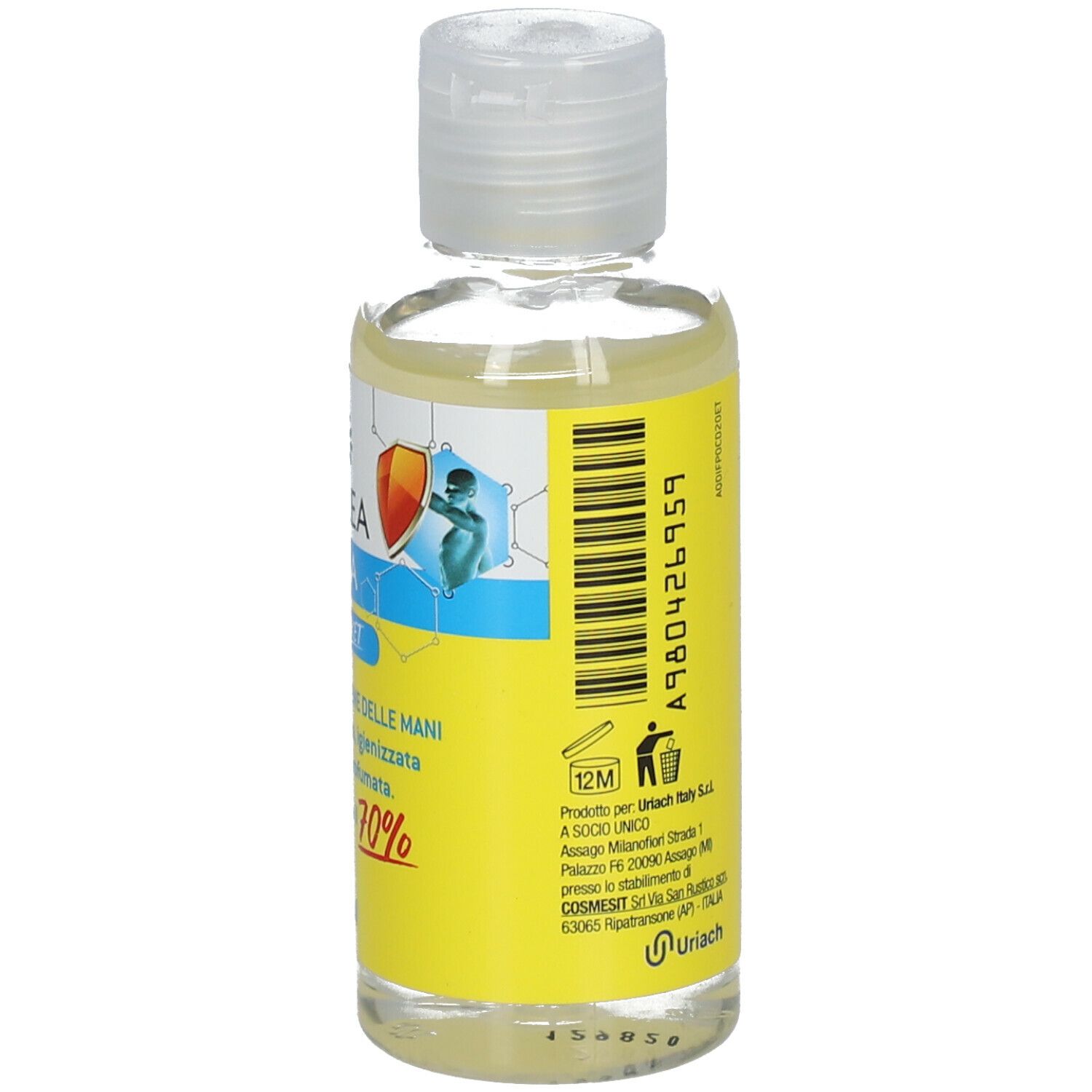 Piccolo flacone trasparente con tappo bianco. Etichetta con logo, nome del prodotto e testo. Contiene oltre il 70% di alcol. 100 ml.