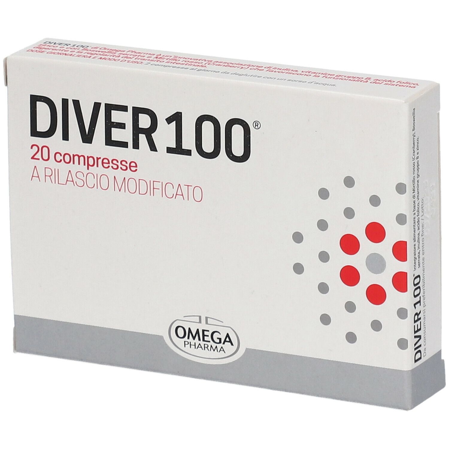 Scatola di compresse "DIVER 100". 20 compresse a rilascio modificato. Logo "OMEGA PHARMA".