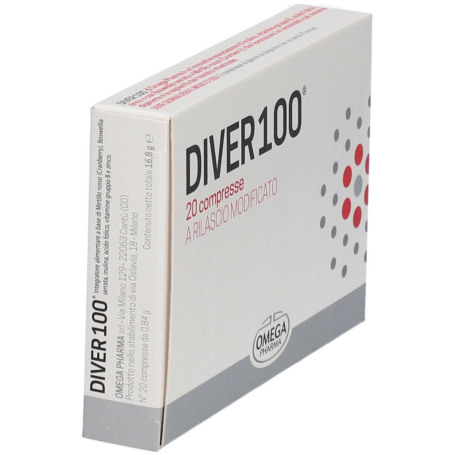 Scatola "DIVER 100" con 20 compresse. Logo "OMEGA PHARMA". Stampa con ingredienti e valori nutrizionali.