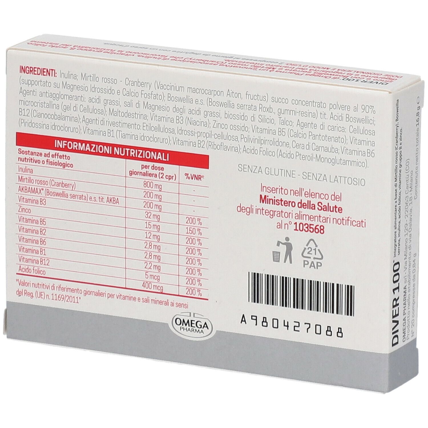 Retro della scatola "DIVER 100". Ingredienti, valori nutrizionali, senza glutine e lattosio. Logo "OMEGA PHARMA".