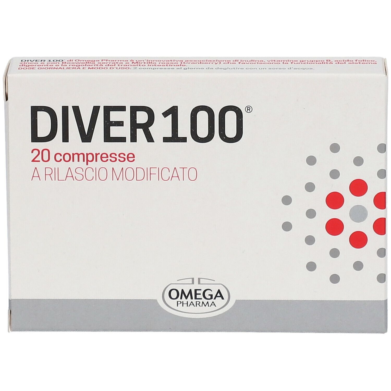 Scatola "DIVER 100" con 20 compresse. Logo "OMEGA PHARMA". Punti rossi su sfondo bianco.