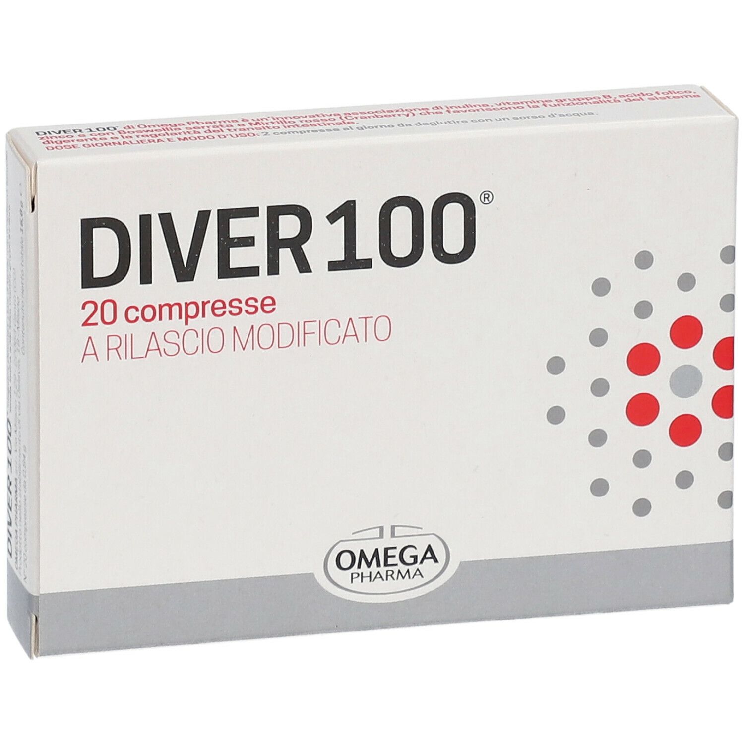 Scatola "DIVER 100" con 20 compresse. Logo "OMEGA PHARMA". Punti rossi su sfondo bianco.