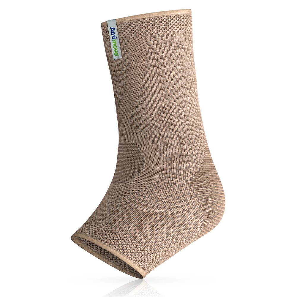 Beige Actimove Cavigliera Elastica. Gestricktes Material. Logo. An der Ferse ausgeschnitten. Für das linke Bein.