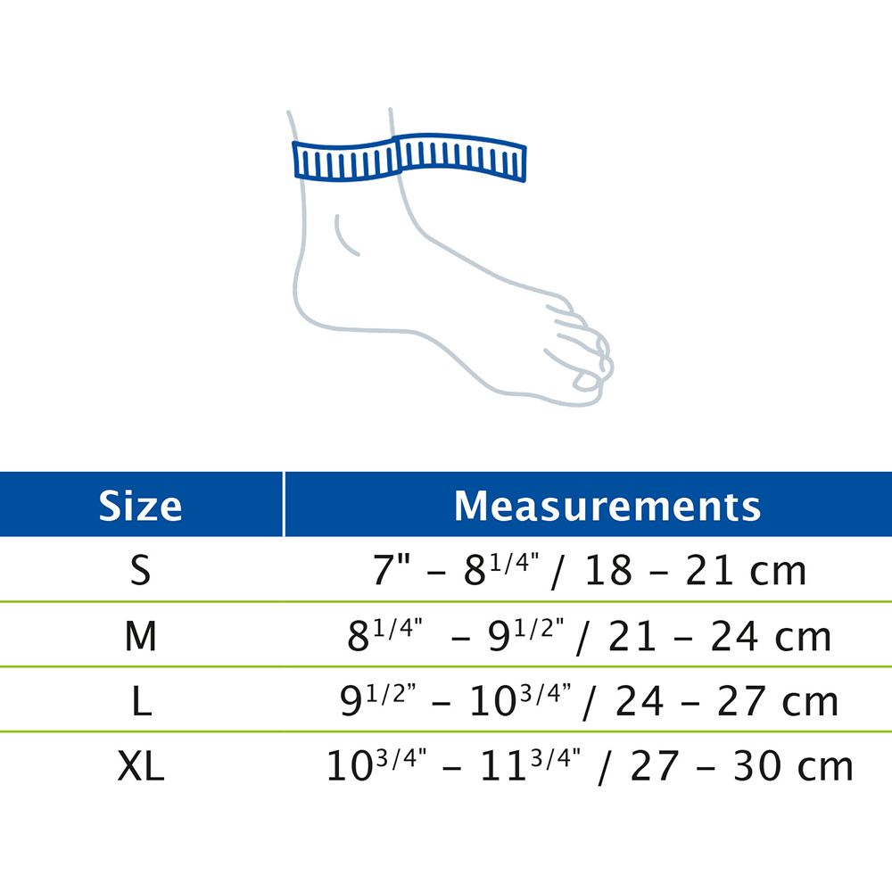 Größentabelle für Actimove Cavigliera Elastica. Größen S, M, L, XL. Maße in Zoll und cm. Fuß-Illustration.