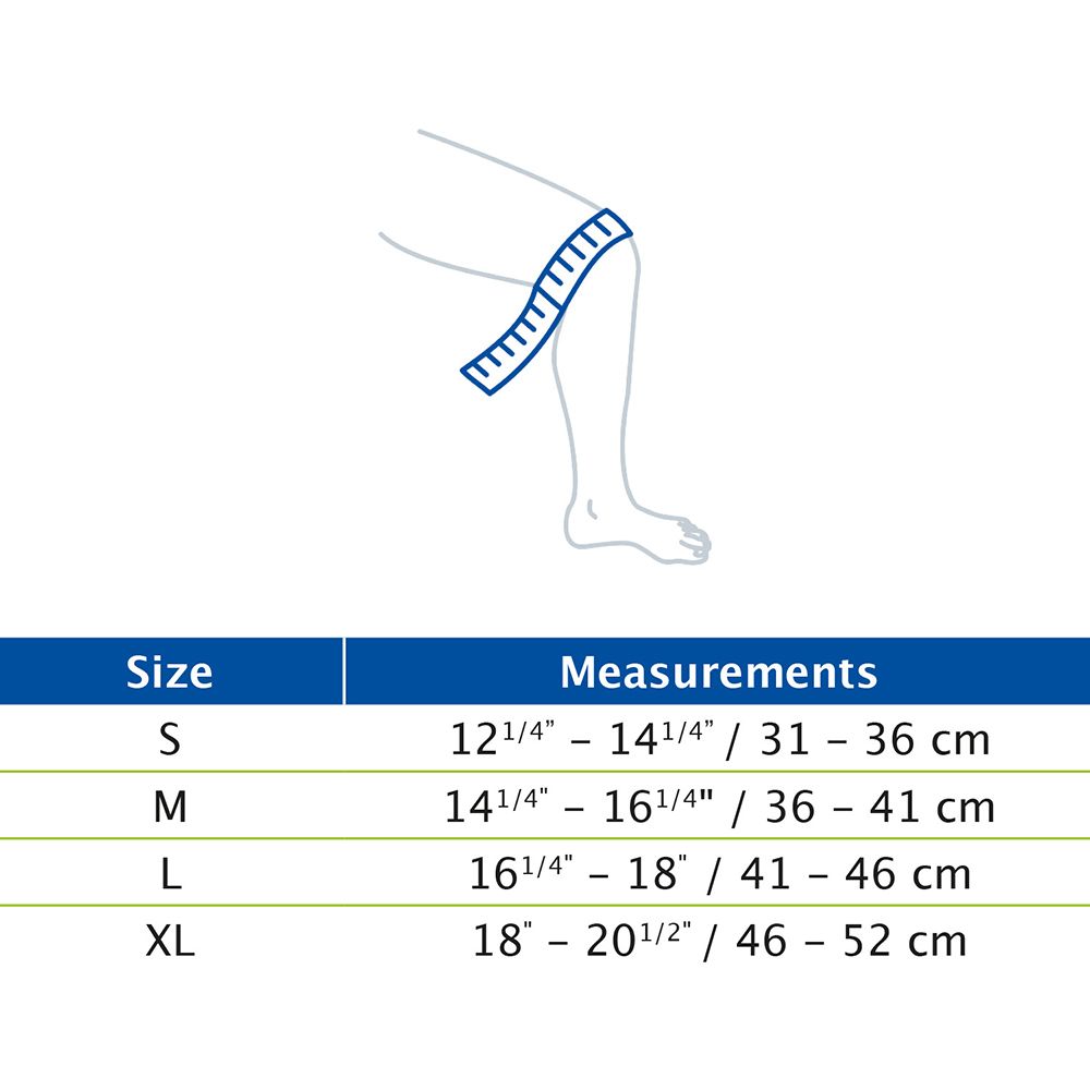 Größentabelle für Actimove Kniebandage. Größen S, M, L, XL. Messungen in cm und Zoll.
