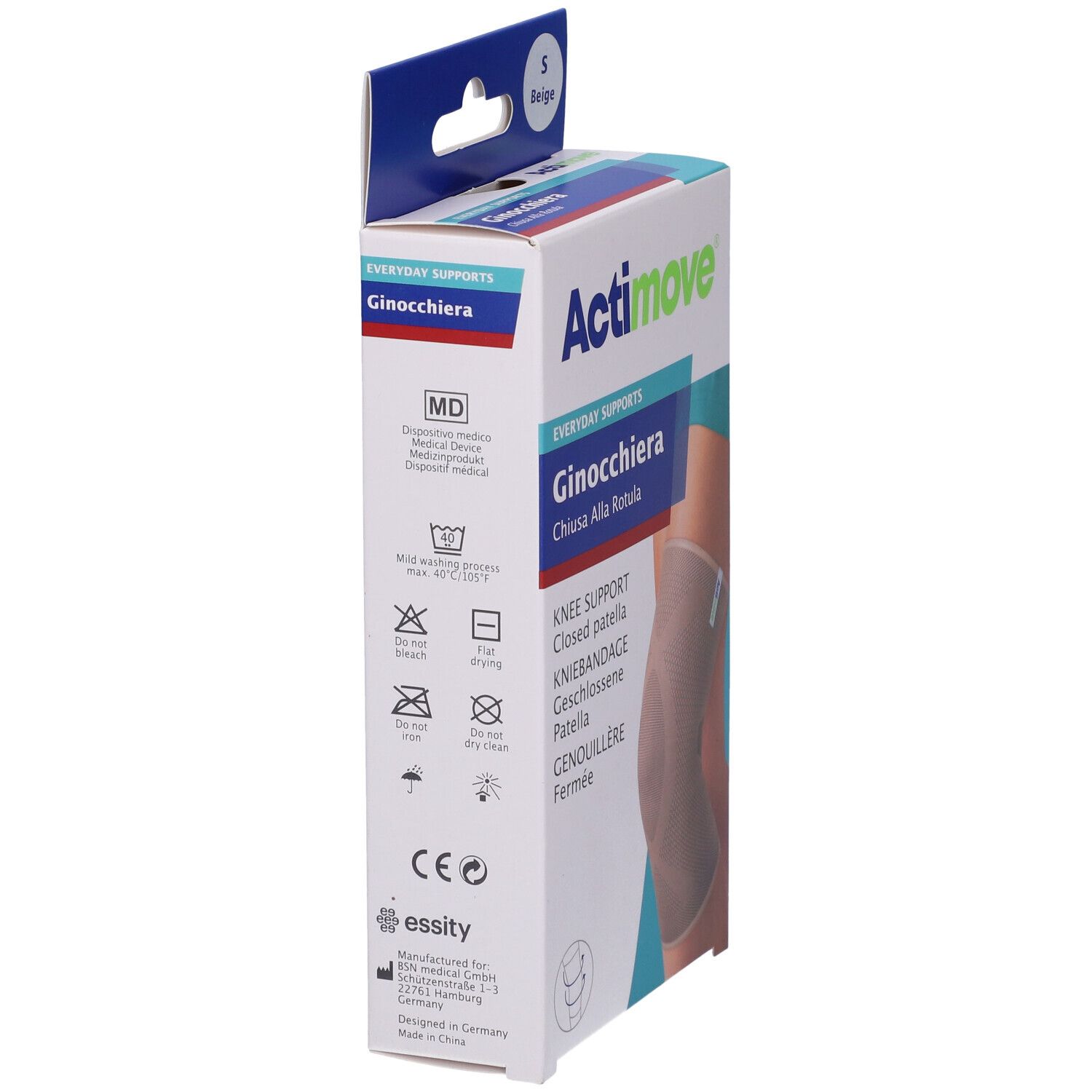 Actimove Ginocchiera Elastica Taglia S. Confezione, vista laterale. Nome, descrizione, simboli di lavaggio e taglie.