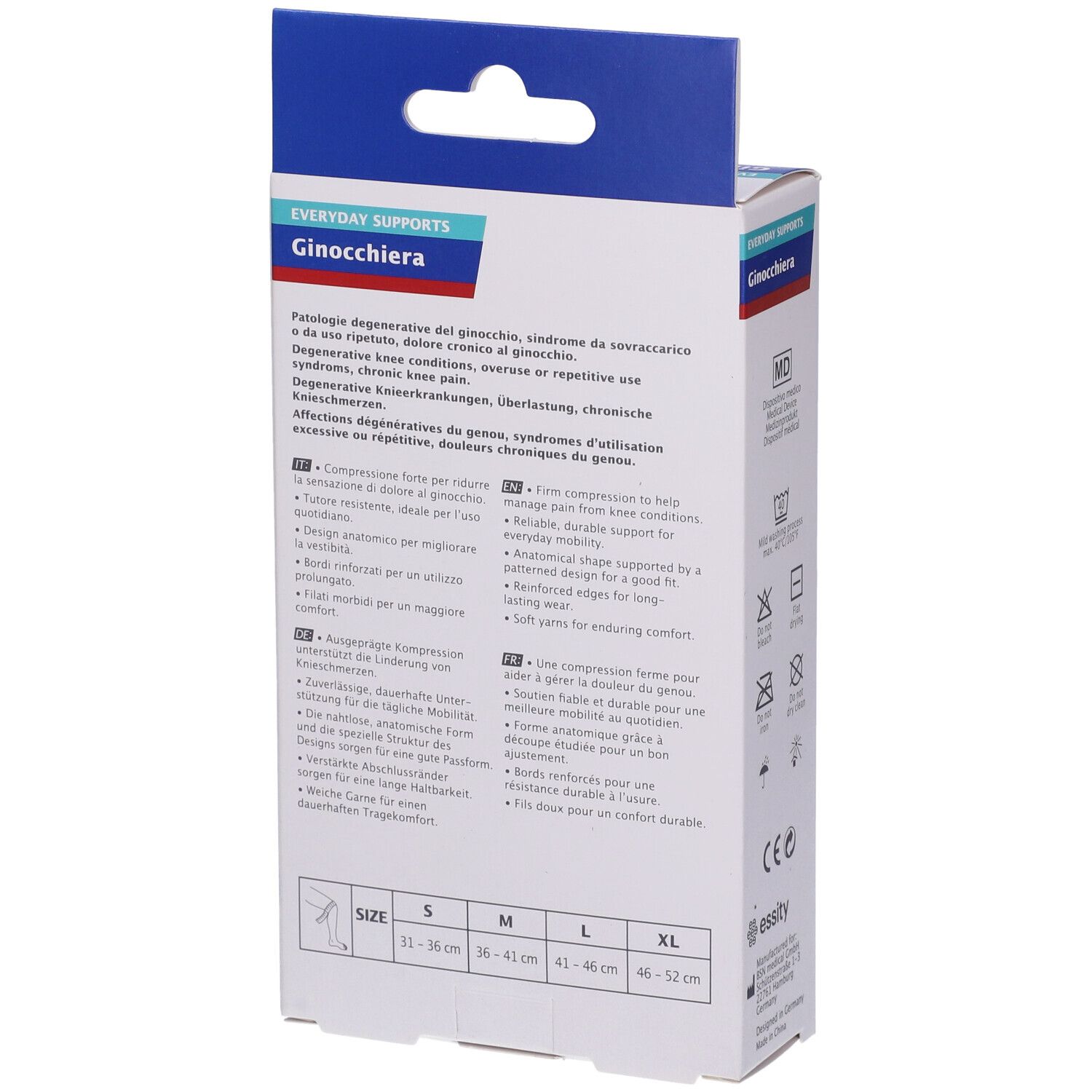 Actimove Ginocchiera Elastica Taglia S. Retro della confezione. Descrizione del prodotto, taglie e simboli di lavaggio.