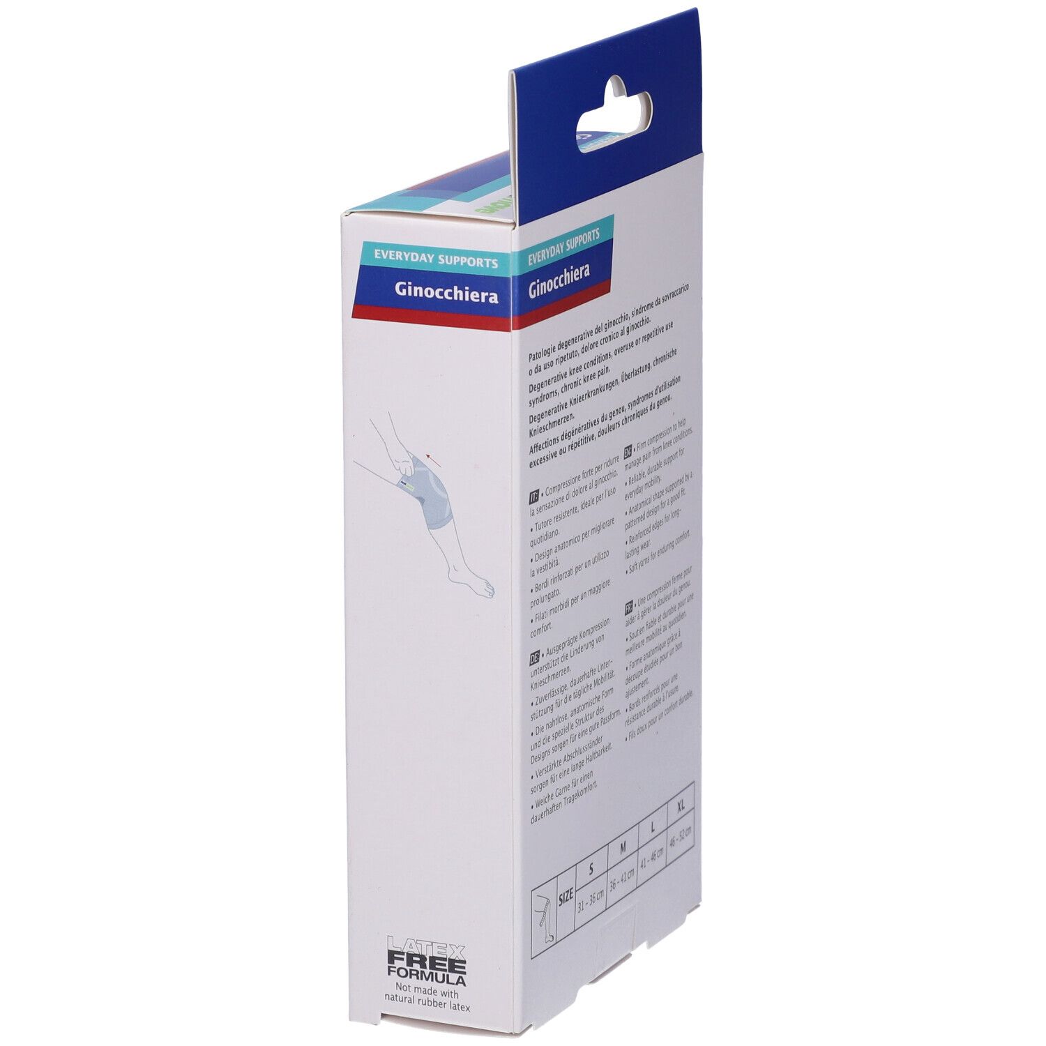Actimove Ginocchiera Elastica Taglia S. Confezione, vista laterale. Descrizione del prodotto e taglie.