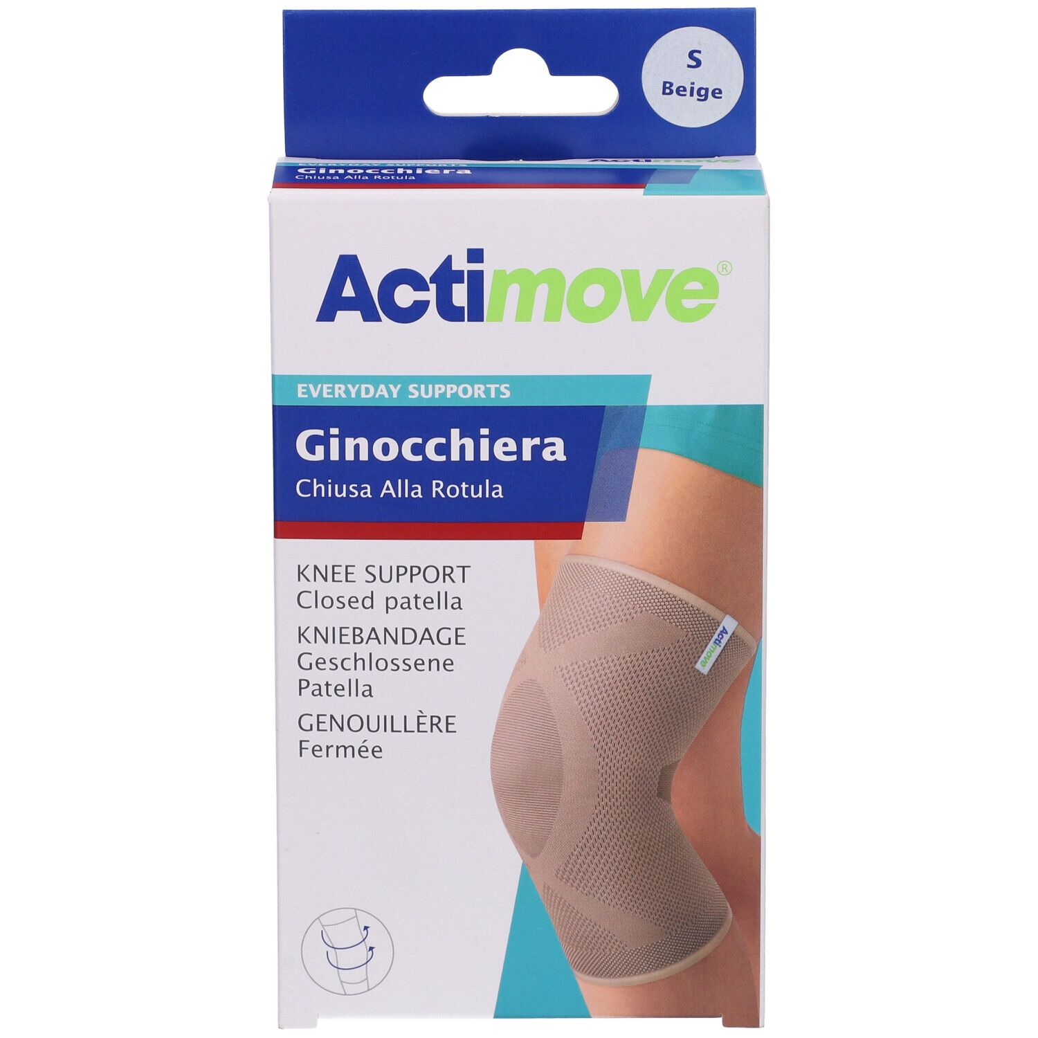 Actimove Ginocchiera Elastica Taglia S. Confezione con ginocchiera. Beige, con nome e descrizione del prodotto.