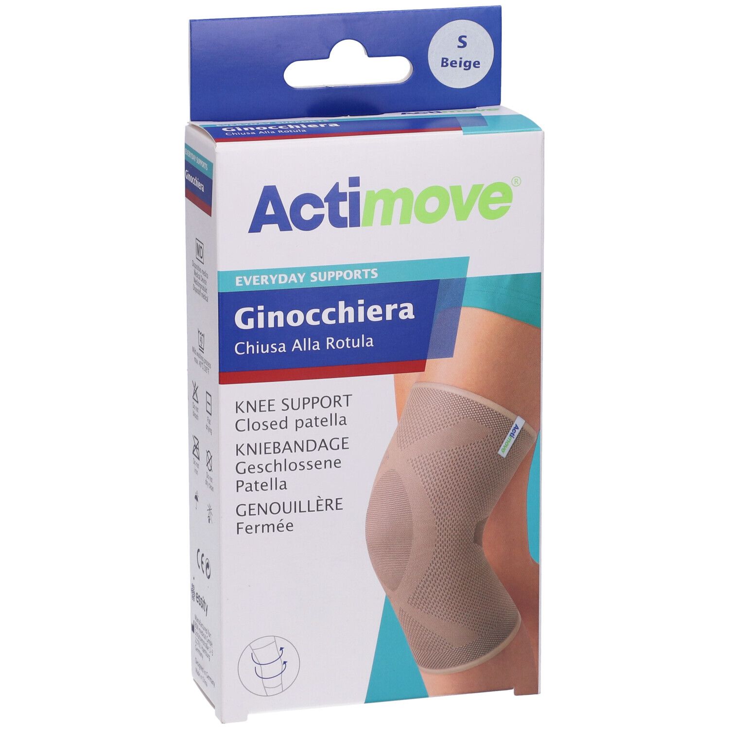 Actimove Ginocchiera Elastica Taglia S. Confezione con ginocchiera. Beige, con nome e descrizione del prodotto.