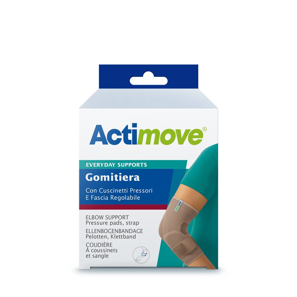 Actimove Gomitiera, gomitiera con cuscinetti pressori e fascia regolabile. Beige. Confezione con immagine del prodotto.