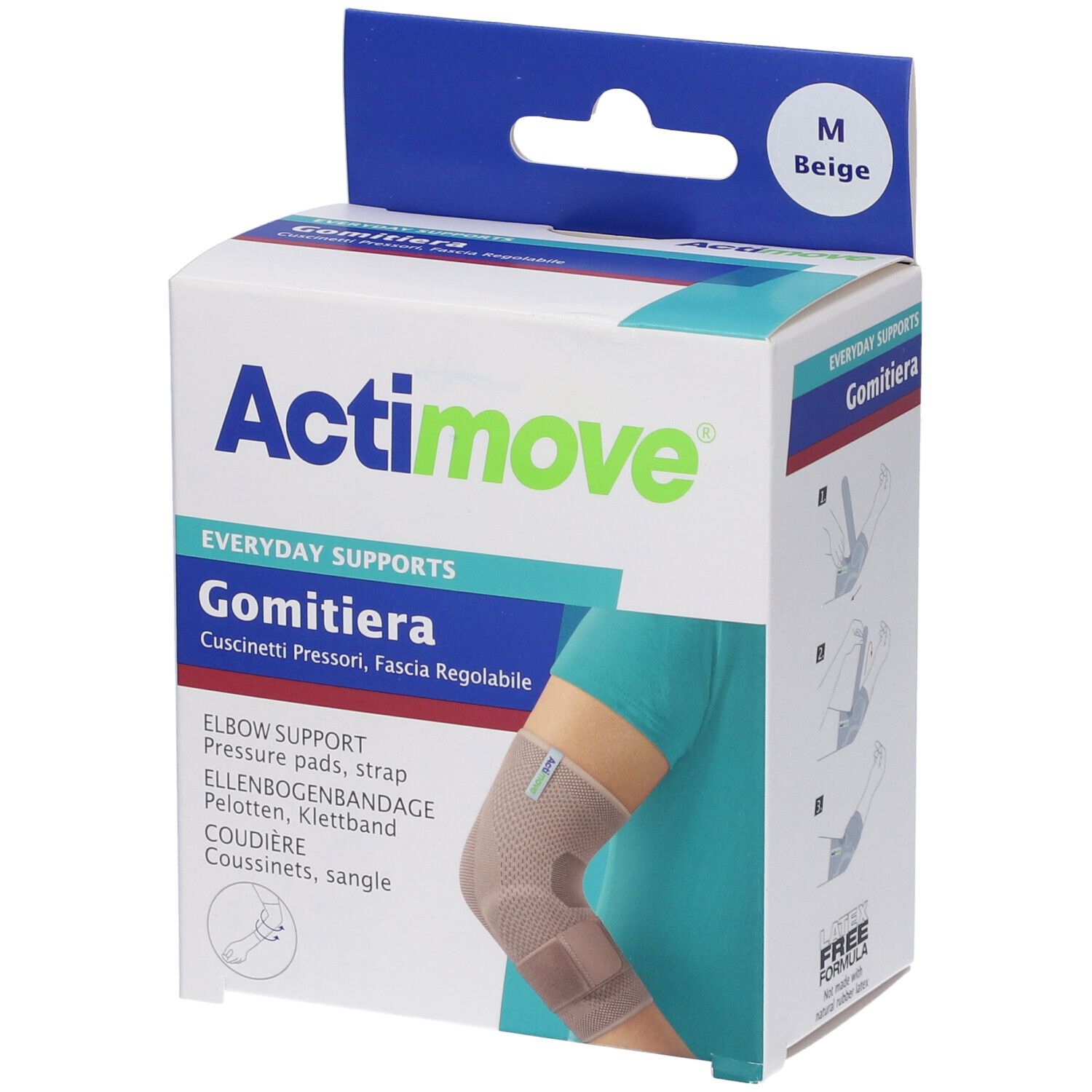 Actimove Gomitiera, gomitiera. Taglia M, beige. Confezione con immagine del prodotto e esempi di applicazione.