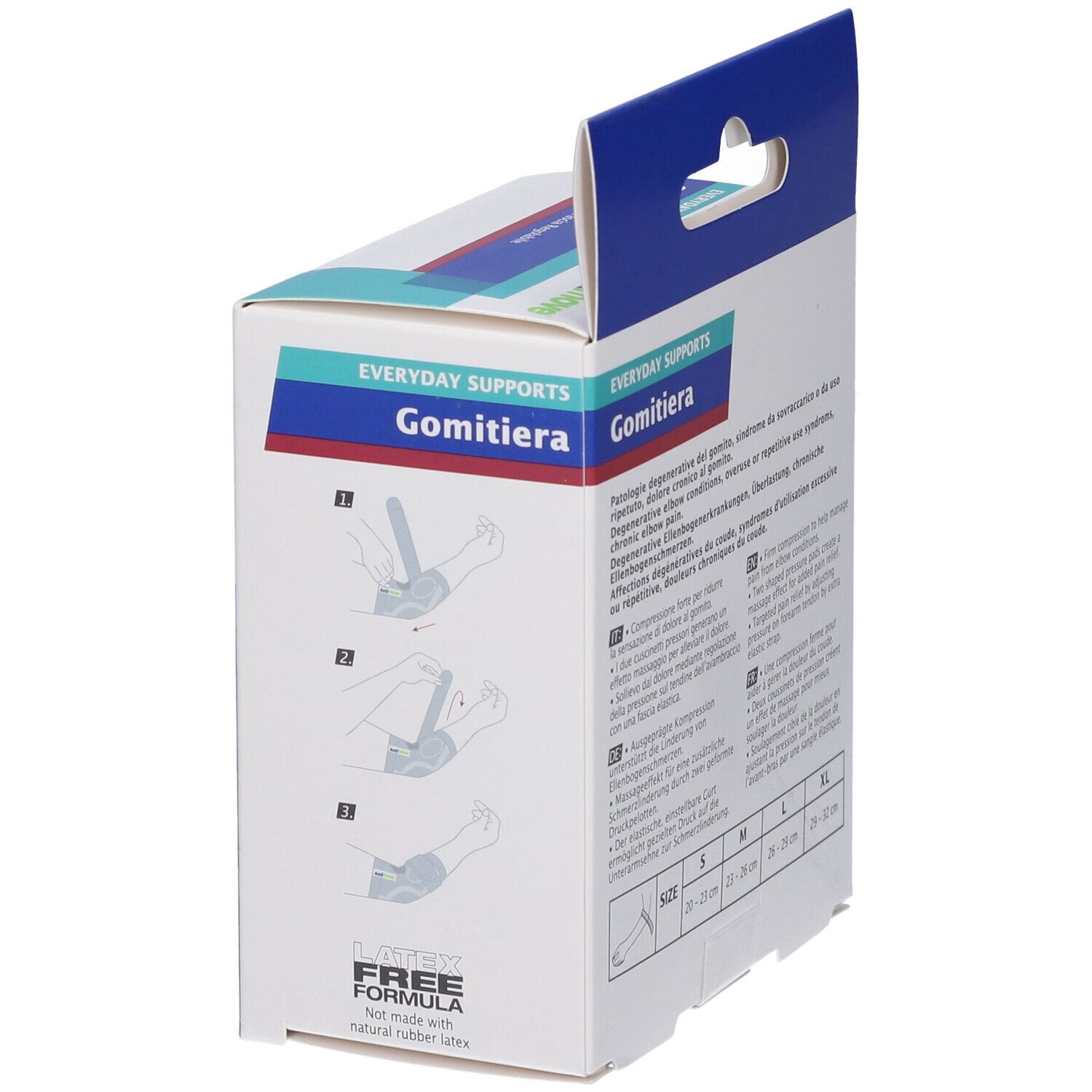 Confezione Actimove Gomitiera. Illustrazioni per l'applicazione. Taglie S-XL. Formula senza lattice.