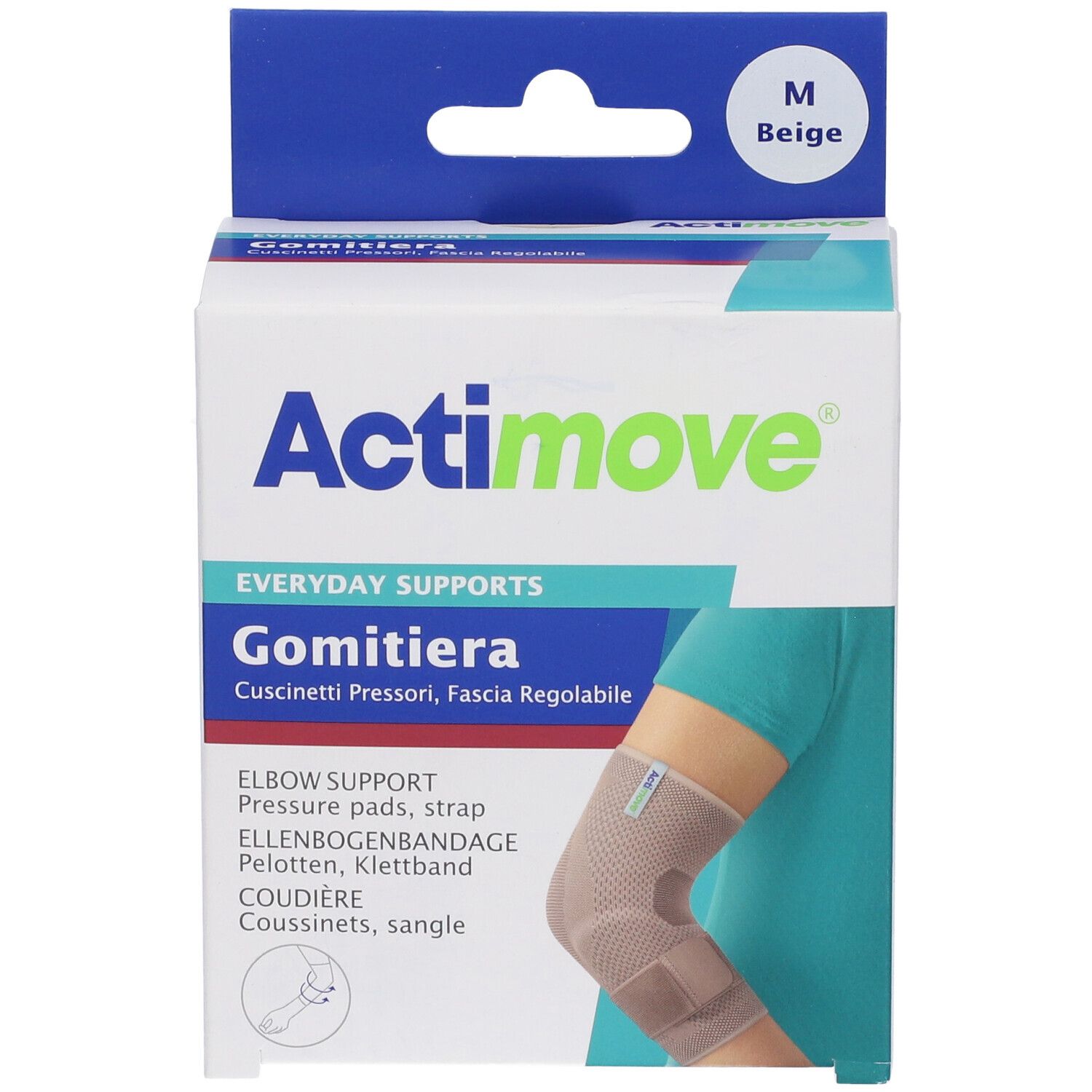 Actimove Gomitiera, gomitiera. Taglia M, beige. Confezione con immagine del prodotto.