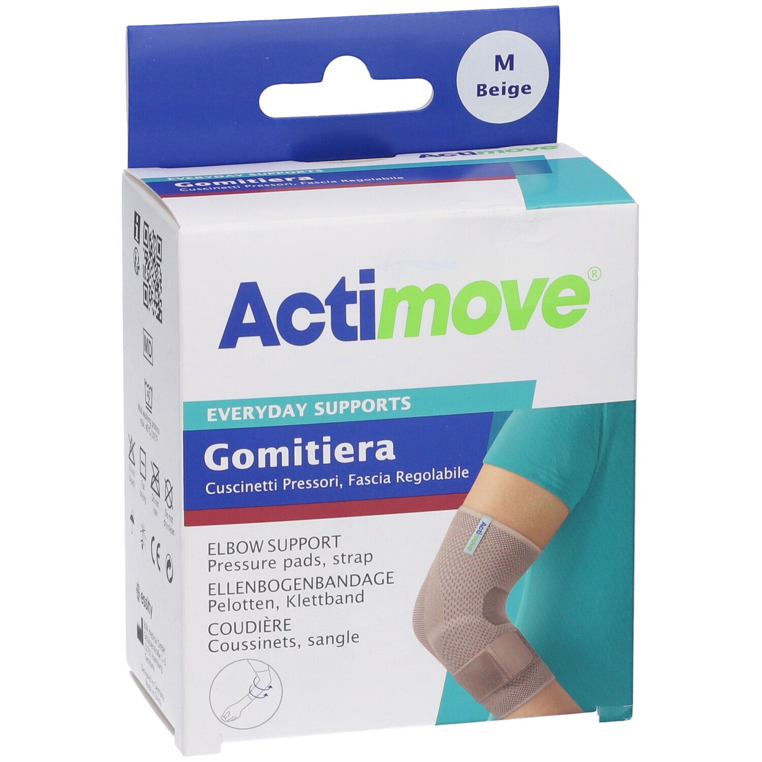 Actimove Gomitiera, gomitiera. Taglia M, beige. Confezione con immagine del prodotto e codice QR.