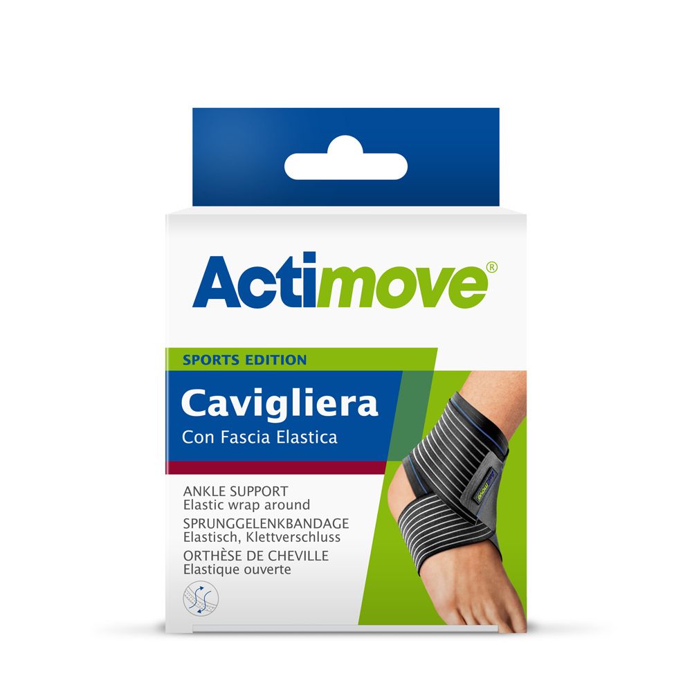 Scatola Actimove Sport Cavigliera. Supporto caviglia nero-grigio. Testo: Cavigliera, Ankle Support, Sports Edition.