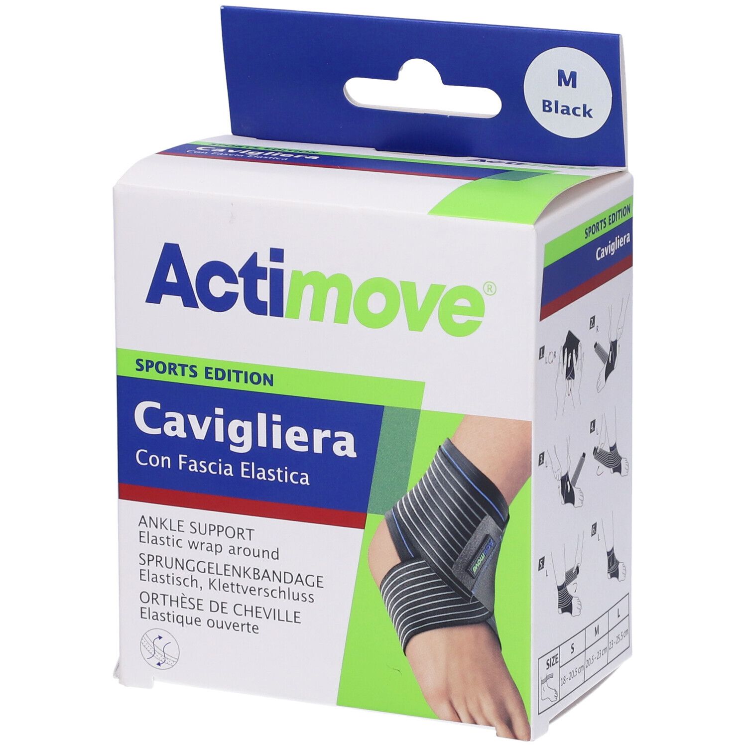 Scatola Actimove Sport Cavigliera, taglia M, nero. Supporto caviglia. Testo: Cavigliera, Ankle Support, Sports Edition.