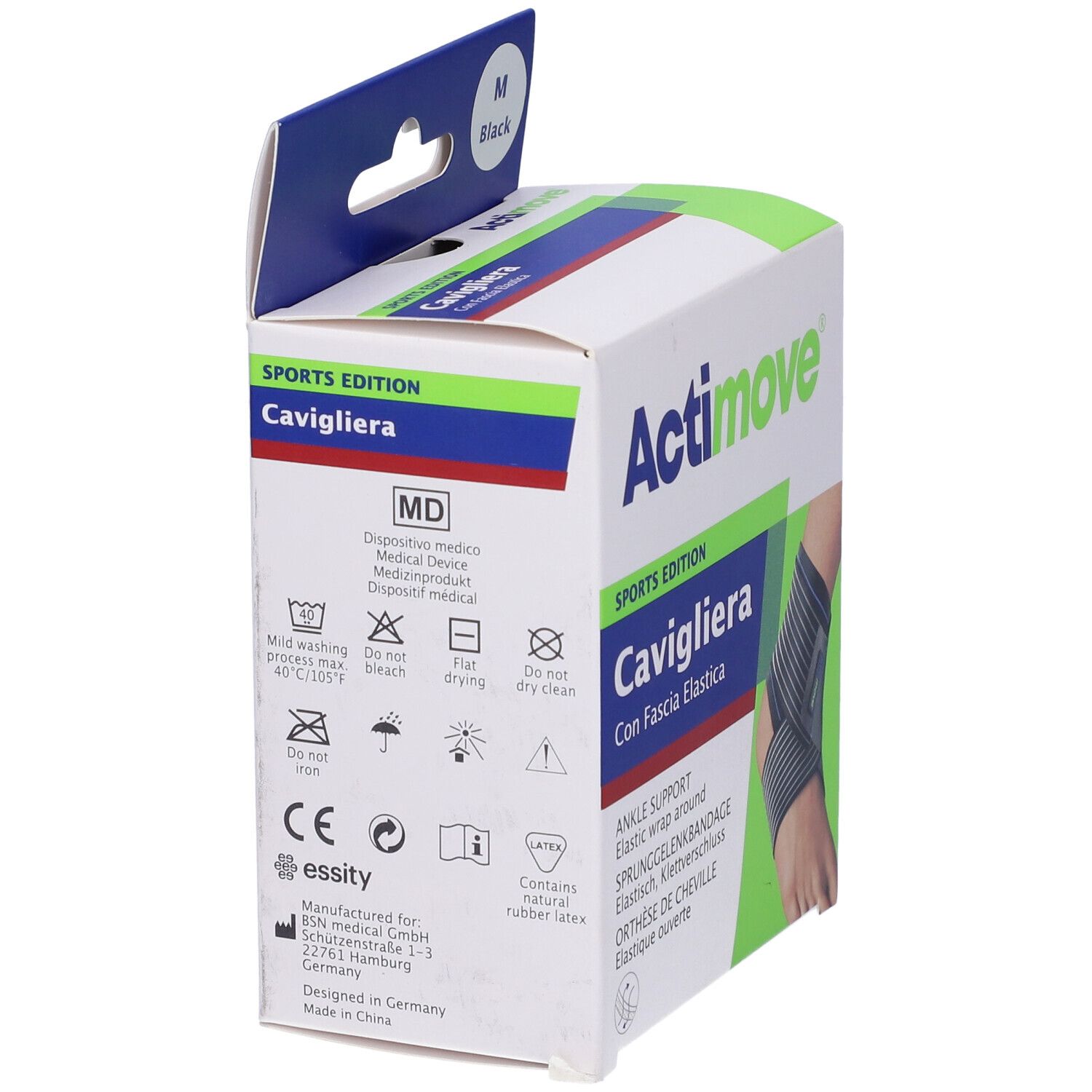 Retro della scatola Actimove Sport Cavigliera. Testo: Cavigliera, Sports Edition, dispositivo medico, simboli di lavaggio, essity.