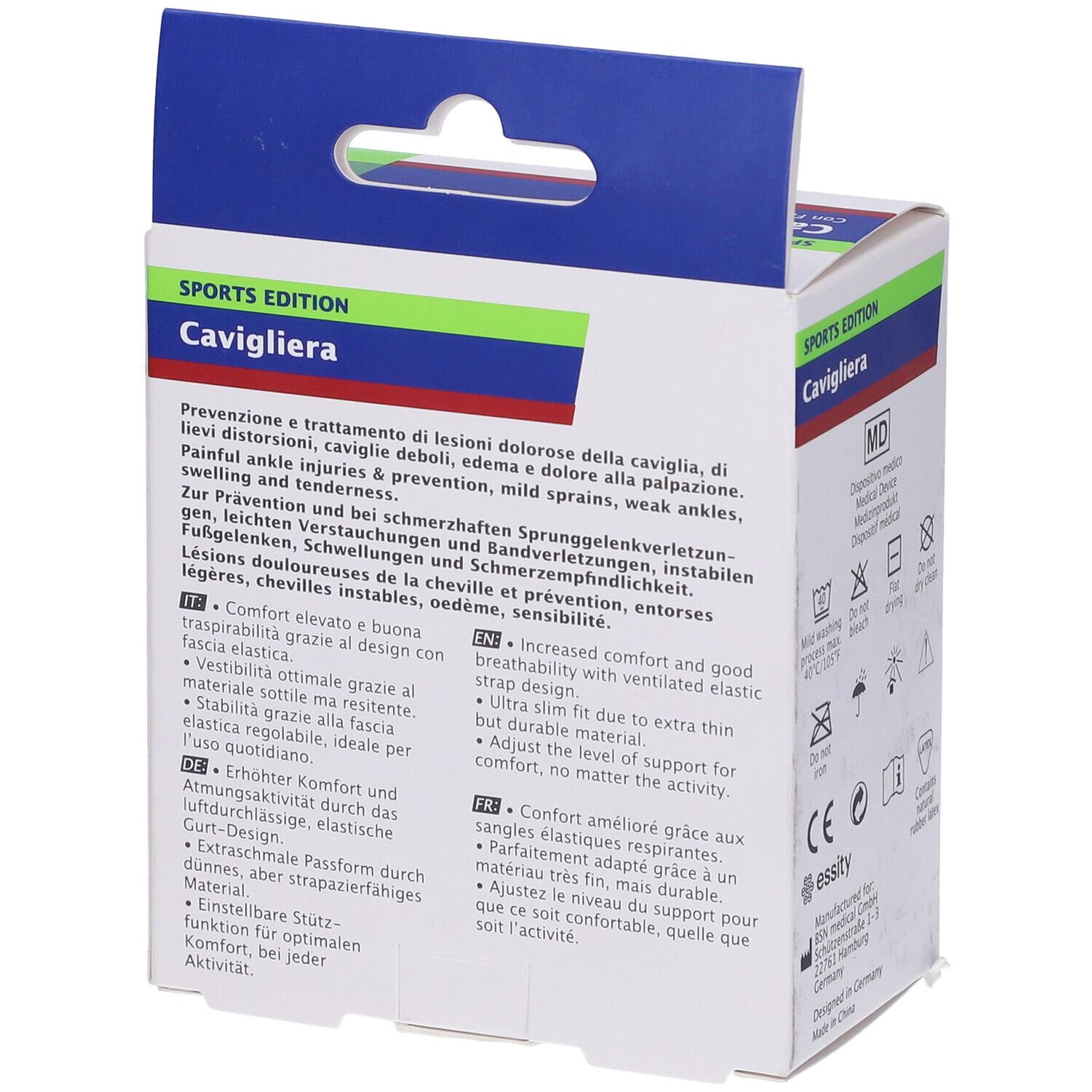 Lato della scatola Actimove Sport Cavigliera. Testo: Cavigliera, Sports Edition, descrizione, simboli di lavaggio, essity.