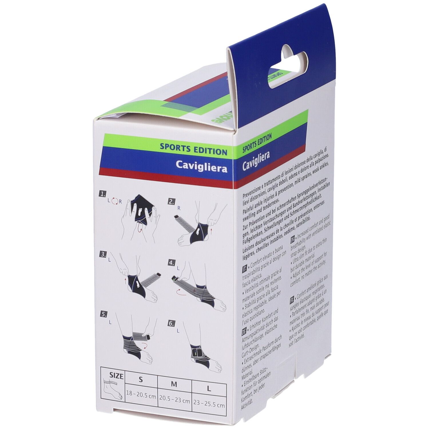 Lato della scatola Actimove Sport Cavigliera. Testo: Cavigliera, Sports Edition, indicazioni taglie, istruzioni per l'uso.