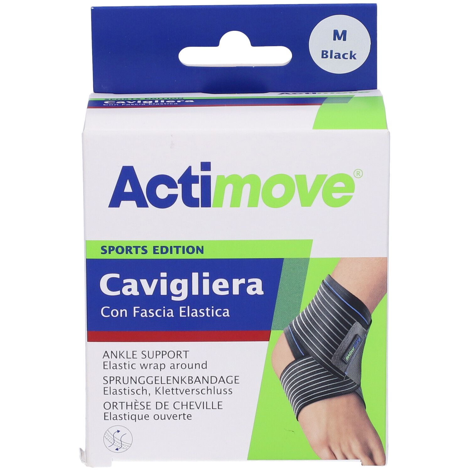 Scatola Actimove Sport Cavigliera, taglia M, nero. Supporto caviglia. Testo: Cavigliera, Ankle Support, Sports Edition.