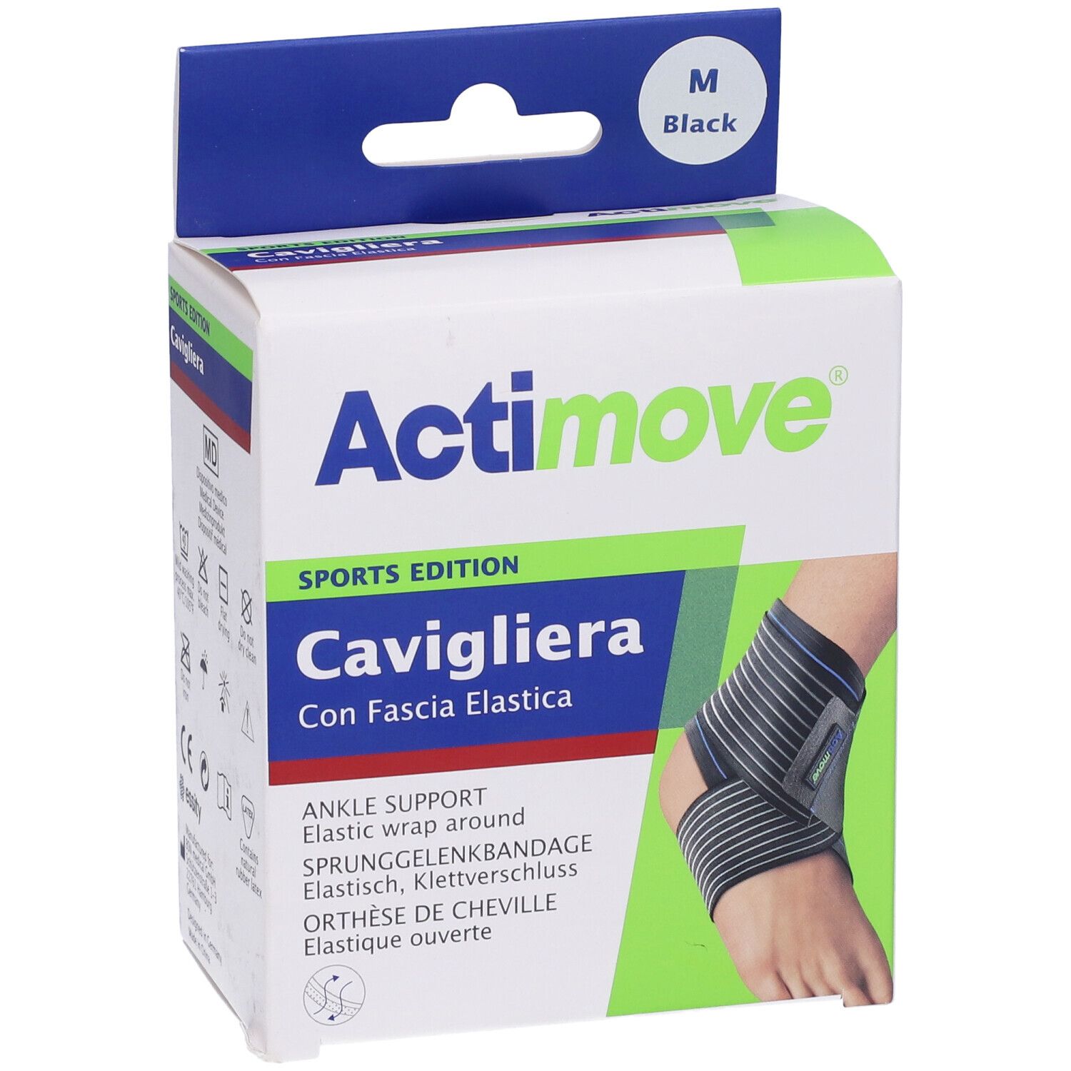 Scatola Actimove Sport Cavigliera, taglia M, nero. Supporto caviglia. Testo: Cavigliera, Ankle Support, Sports Edition.