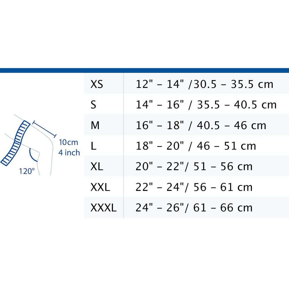 Größentabelle für Kniebandagen. Größen von XS bis XXXL. Maße in Zoll und Zentimetern.