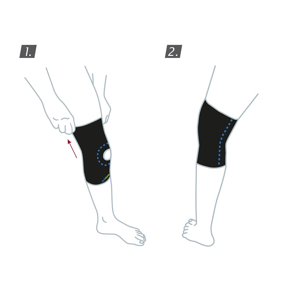 Zwei Schritte zur Anwendung der Kniebandage. Illustrationen zeigen Anlegen und Positionierung.