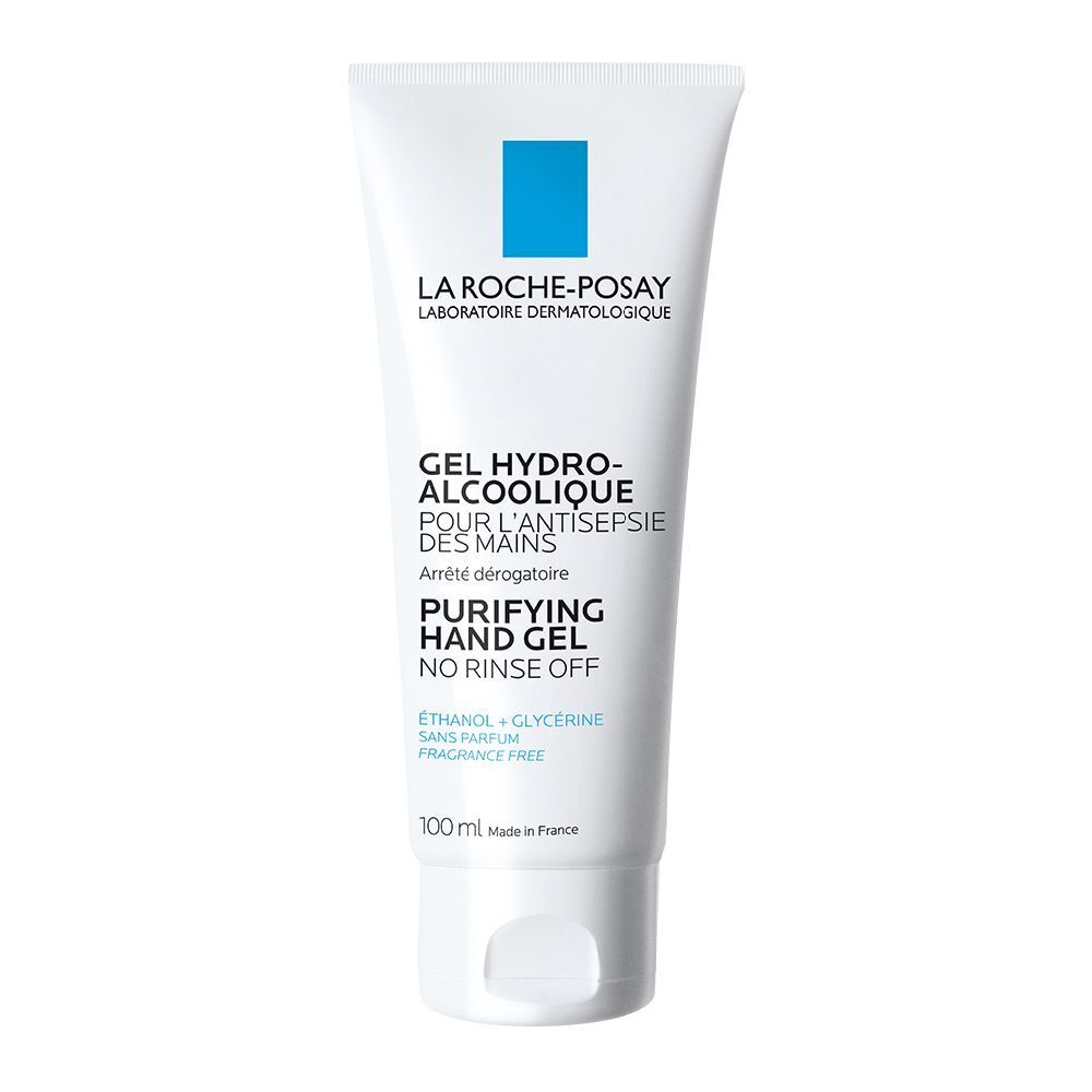 Tube blanc avec logo bleu. Texte: Gel Hydro-Alcoolique, Purifying Hand Gel, No Rinse Off. 100 ml.