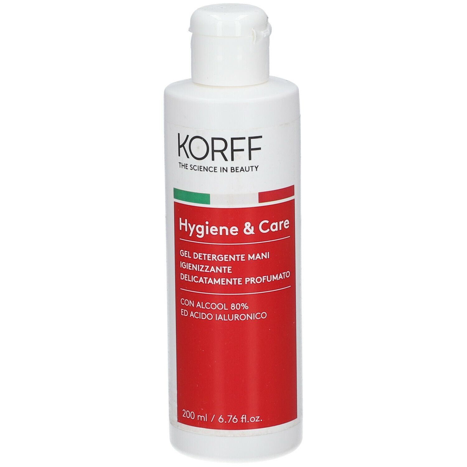Flacone bianco con etichetta rossa e verde. Testo: KORFF, Hygiene & Care, Gel Detergente Mani, 200 ml.