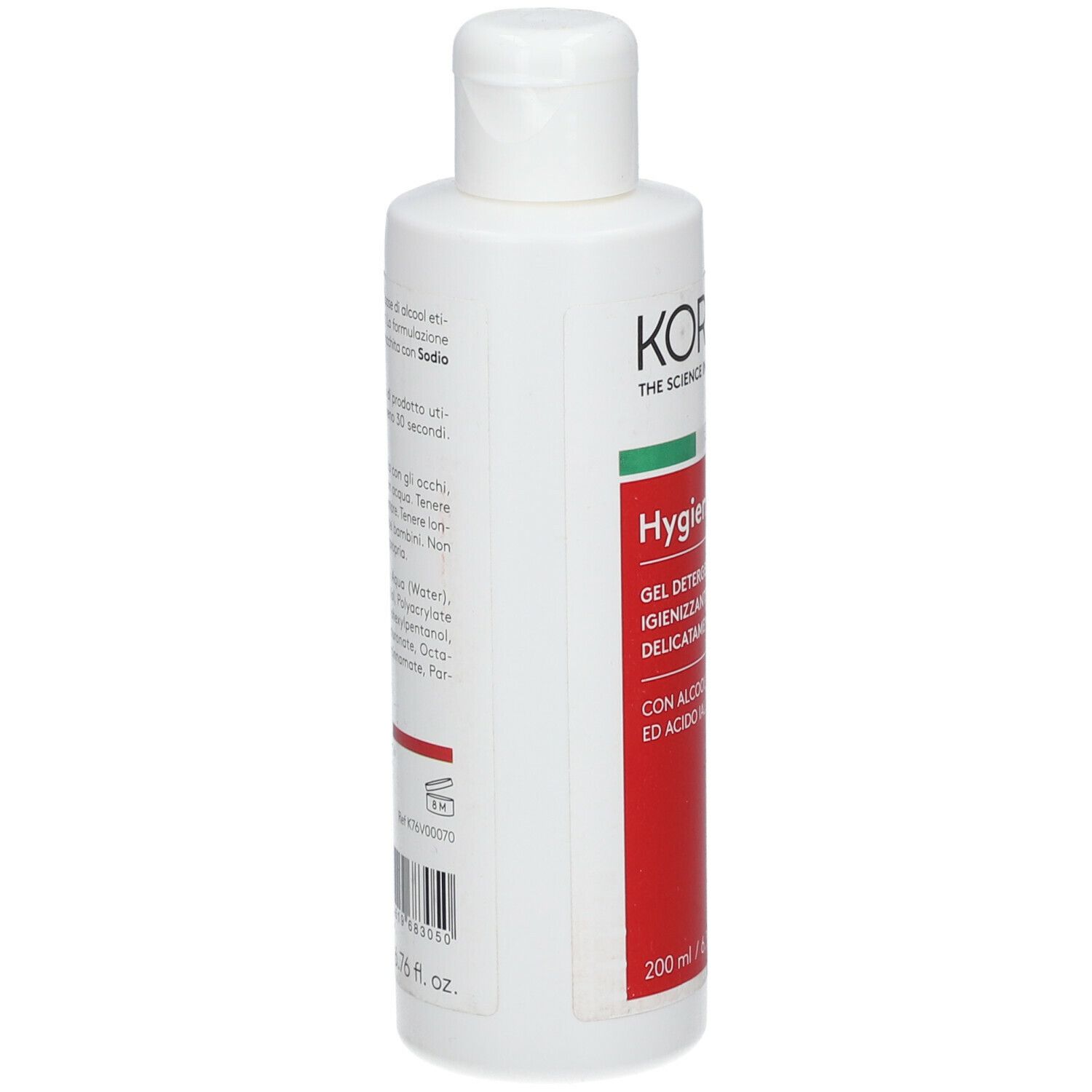 Flacone bianco con etichetta rossa e verde. Testo: KORFF, Hygiene & Care, Gel Detergente Mani, 200 ml.