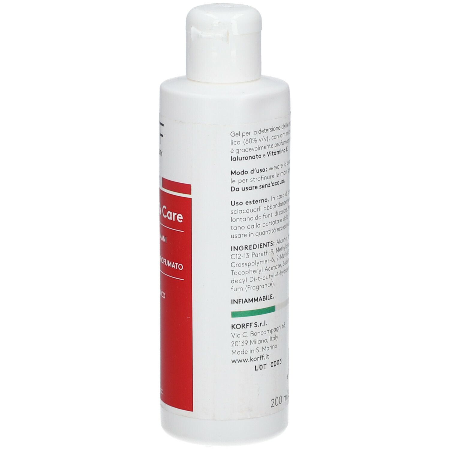 Flacone bianco con testo ed etichetta. Testo: KORFF, Hygiene & Care, Gel Detergente Mani, 200 ml. Bandiera italiana.