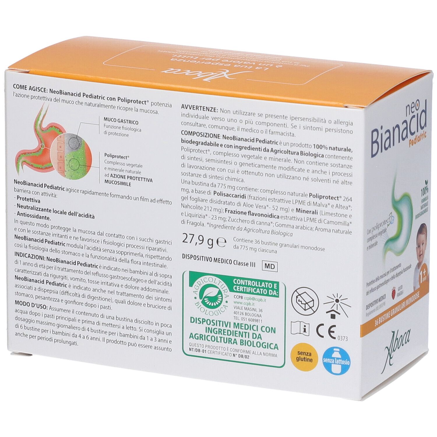 Rückseite der Packung Neobianacid Pediatric Granulari mit Inhaltsstoffen und Anwendungshinweisen.