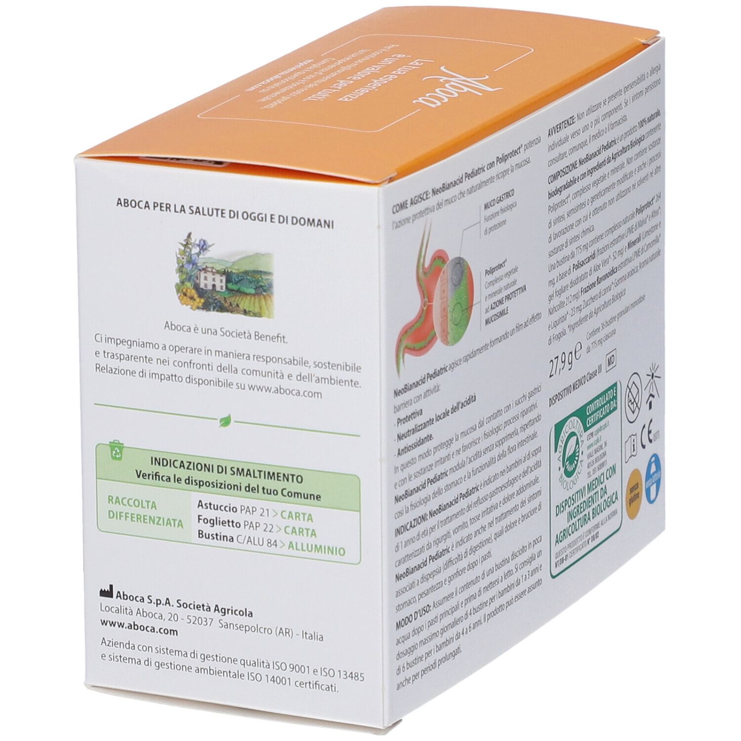 Seitenansicht der Packung Neobianacid Pediatric Granulari mit Informationen zur biologischen Landwirtschaft.