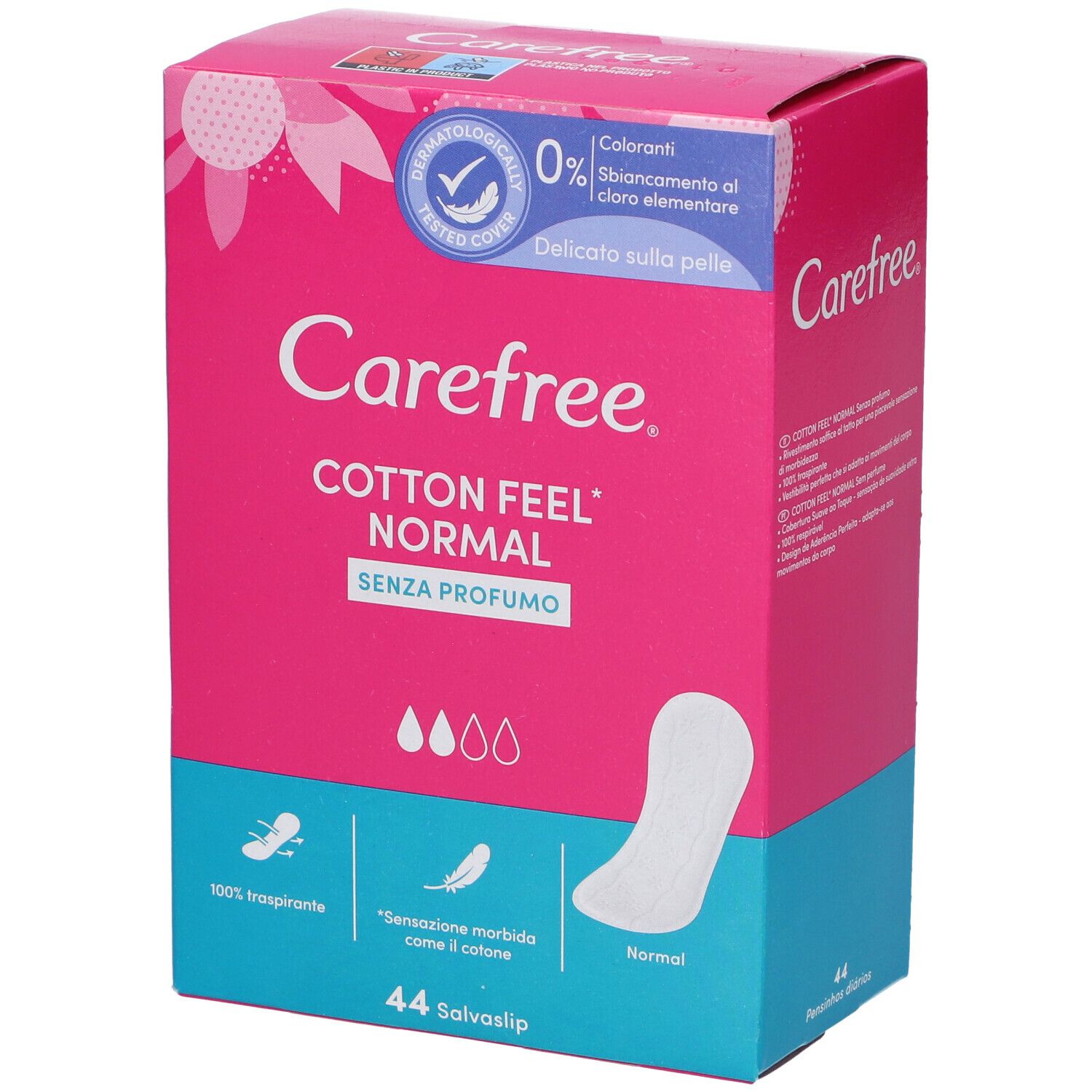 Confezione Carefree rosa e blu. Contiene salvaslip. Scritta: Cotton Feel Normal, 44 Salvaslip. Dermatologicamente testato.