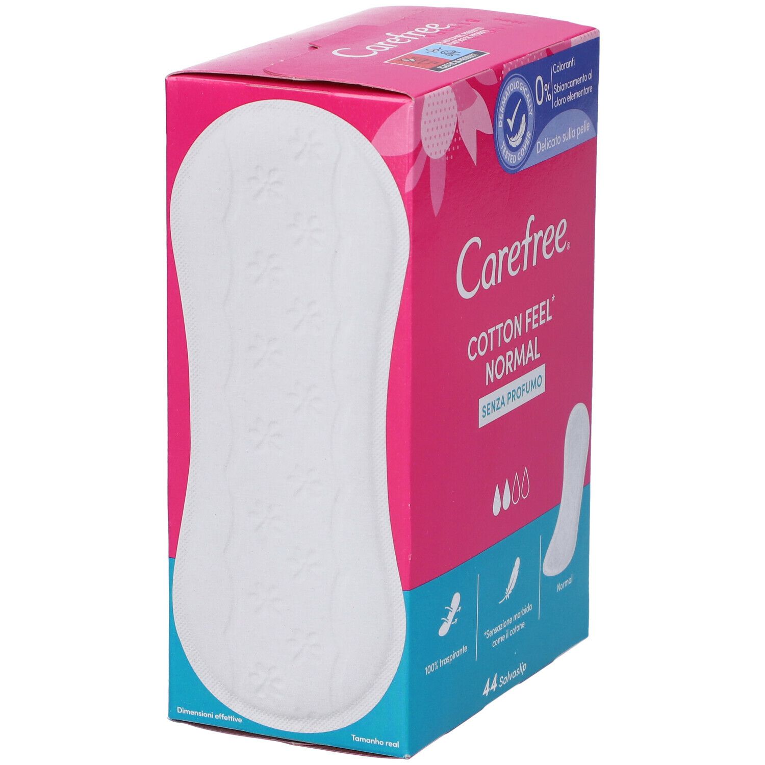 Confezione Carefree rosa e blu. Contiene salvaslip. Scritta: Cotton Feel Normal, 44 Salvaslip. Dermatologicamente testato.