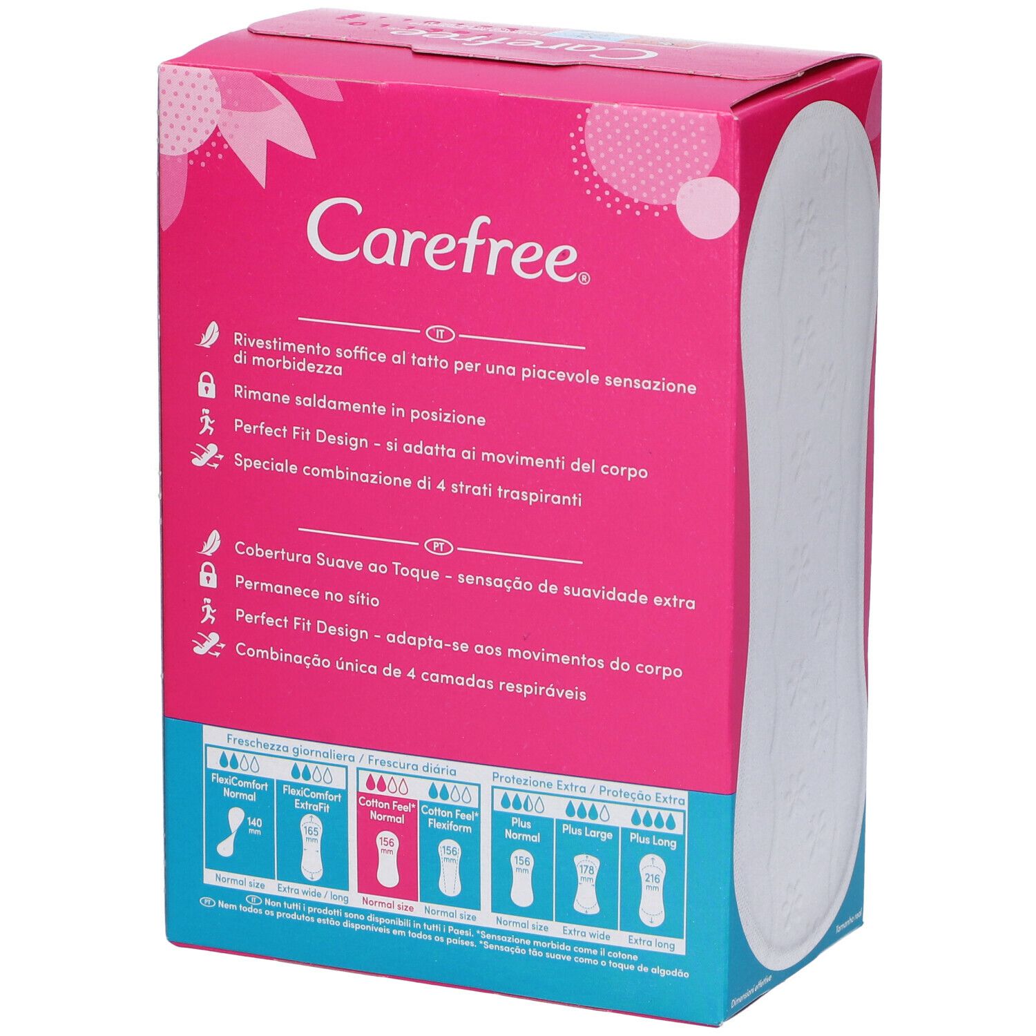 Confezione Carefree rosa e blu, retro. Testo: caratteristiche, Perfect Fit Design, 4 strati. Illustrazioni dei prodotti.