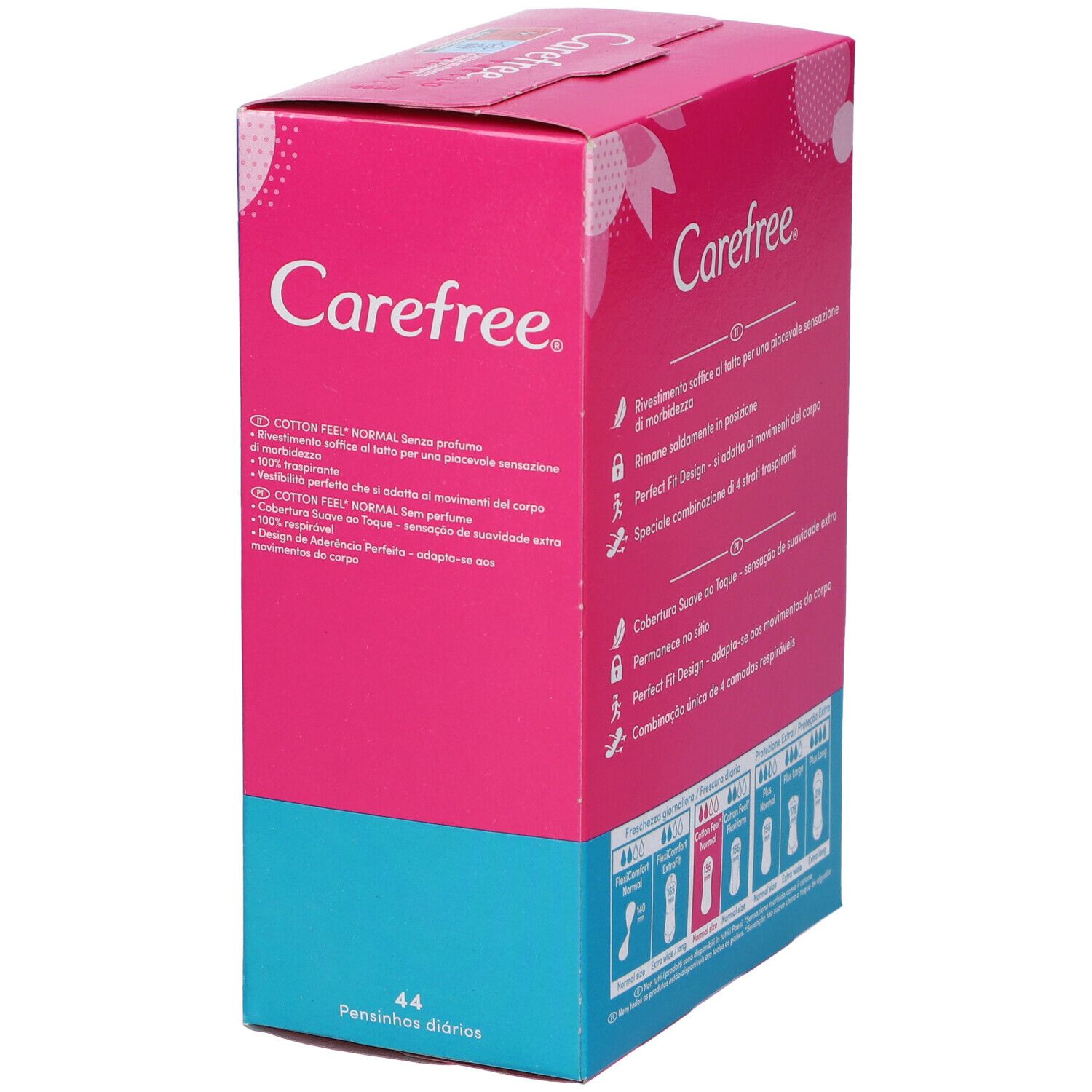 Confezione Carefree rosa e blu, lato. Testo: Cotton Feel Normal, 44 salvaslip. Illustrazioni dei prodotti.