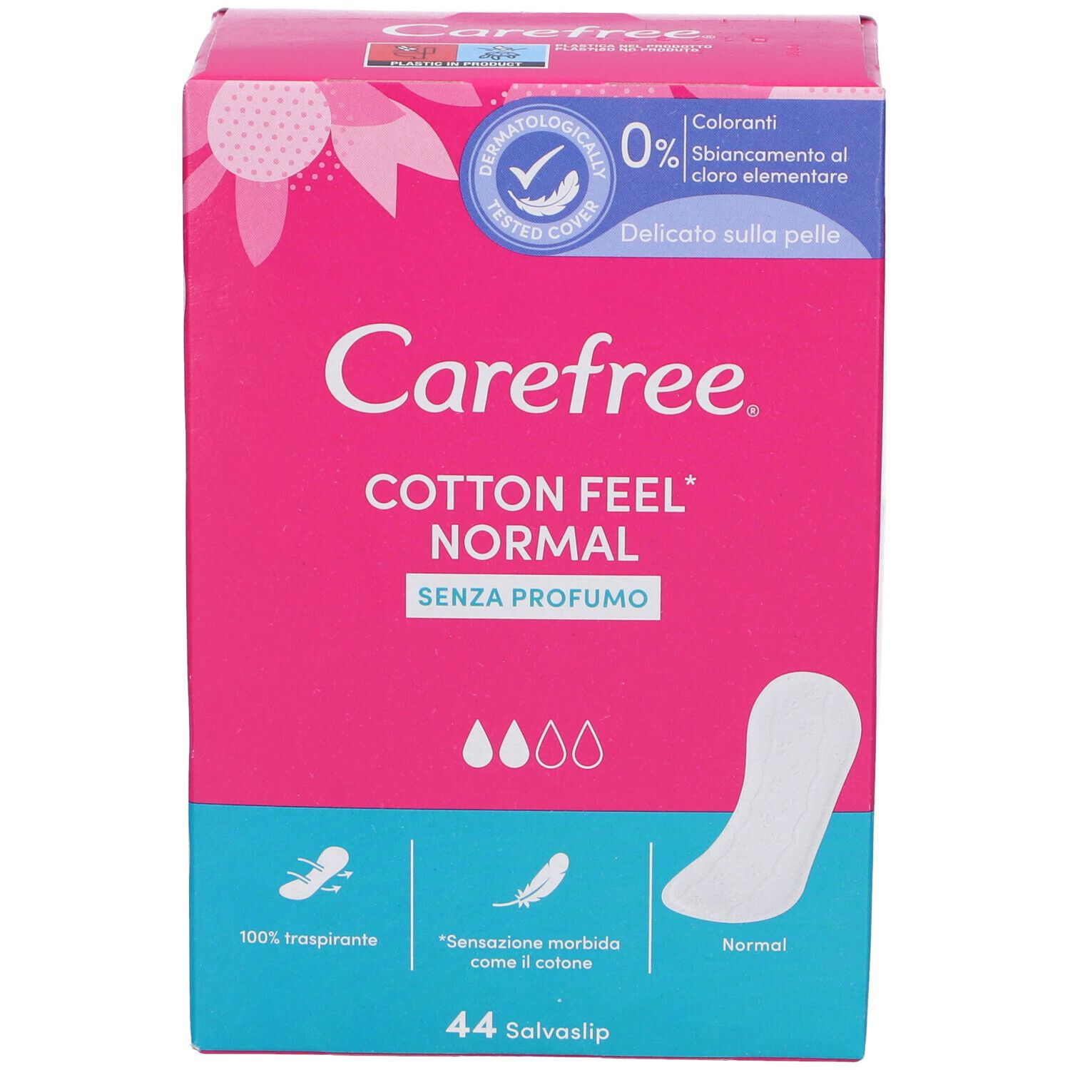Confezione Carefree rosa e blu. Contiene salvaslip. Scritta: Cotton Feel Normal, 44 Salvaslip. Dermatologicamente testato.