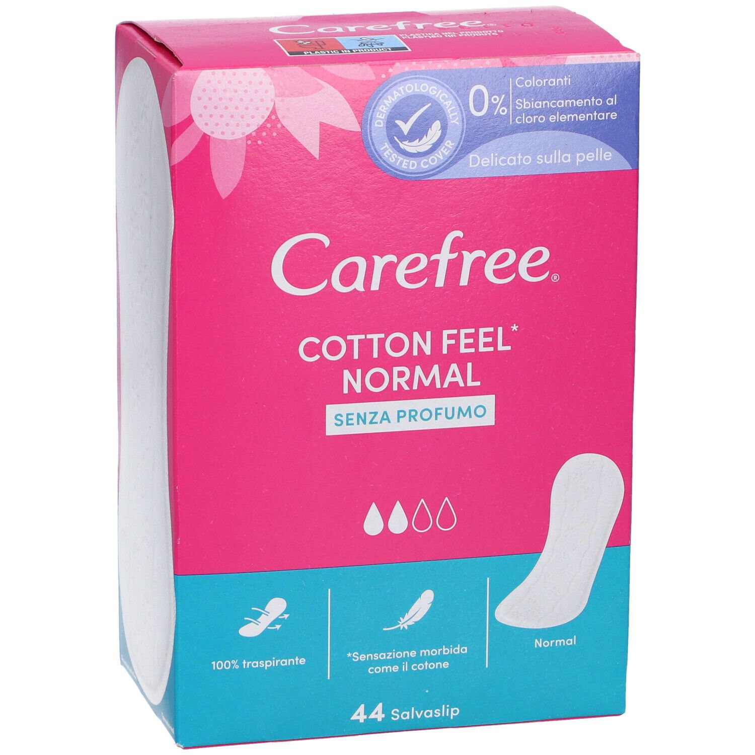 Confezione Carefree rosa e blu. Contiene salvaslip. Scritta: Cotton Feel Normal, 44 Salvaslip. Dermatologicamente testato.