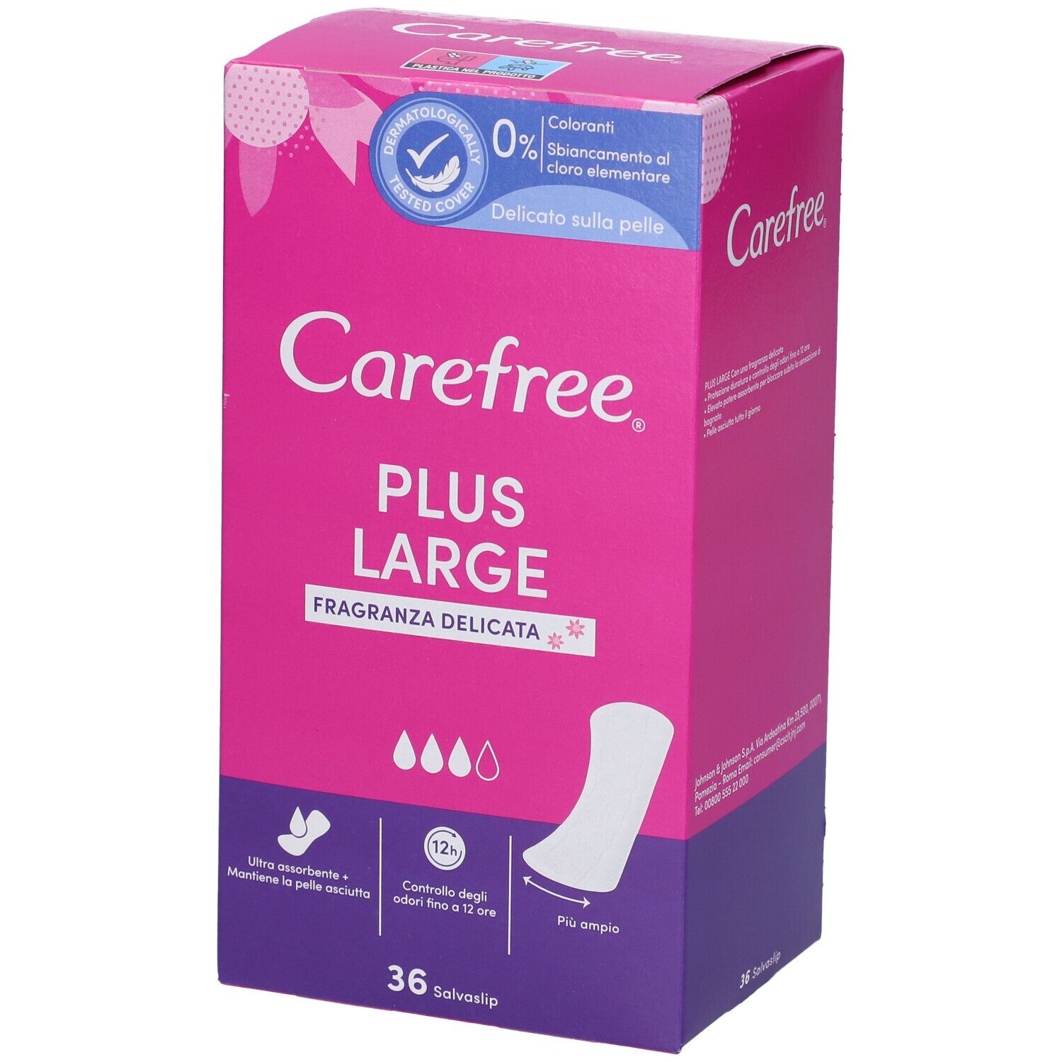 Verpackung Carefree Plus Large Slipeinlagen. Rosa-weiß. 36 Stück. Dermatologisch getestet. Mit Duft.