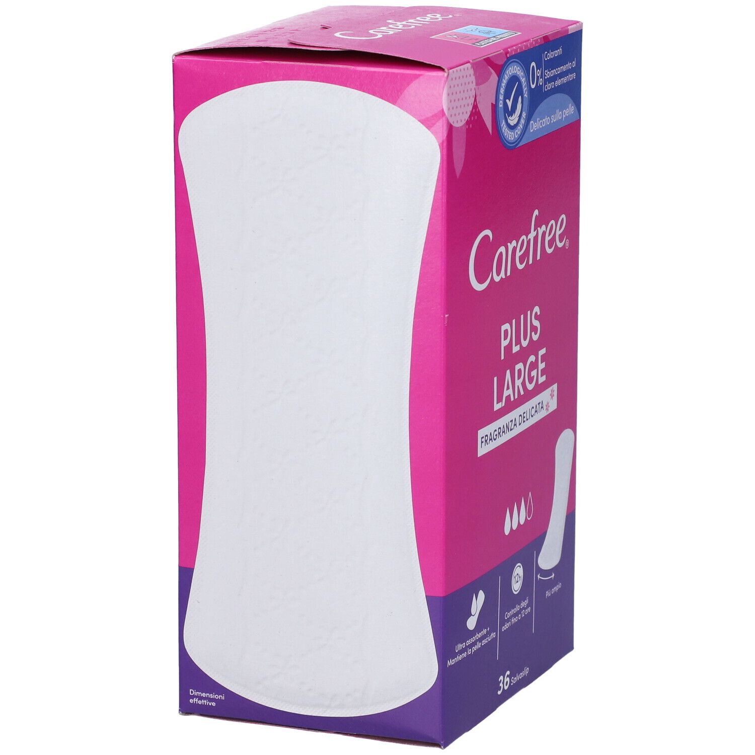 Carefree Plus Large Verpackung. Rosa. 36 Slipeinlagen. Dermatologisch getestet. Ohne Chlor.