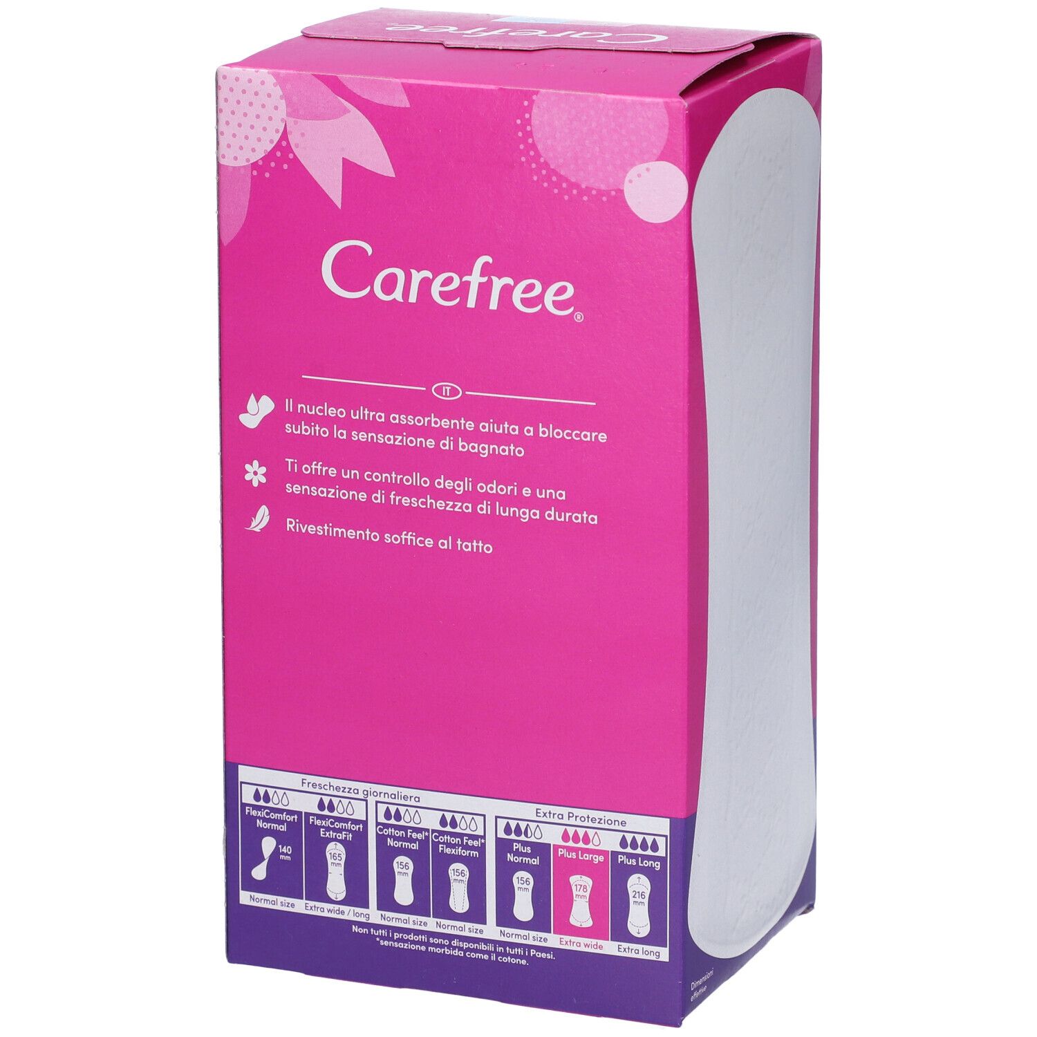 Carefree Verpackung. Rosa. Text auf Italienisch. 36 Slipeinlagen. Für Frische und Schutz.