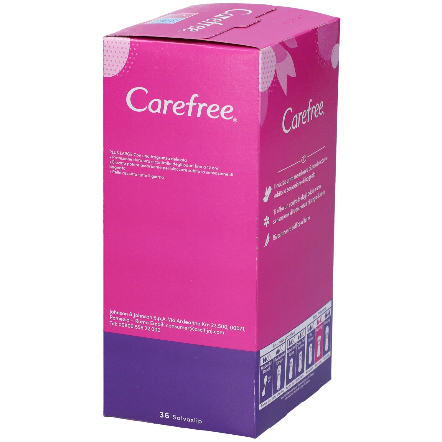 Carefree Verpackung. Rosa. Text auf Italienisch. 36 Slipeinlagen. Plus Large. Dermatologisch getestet.