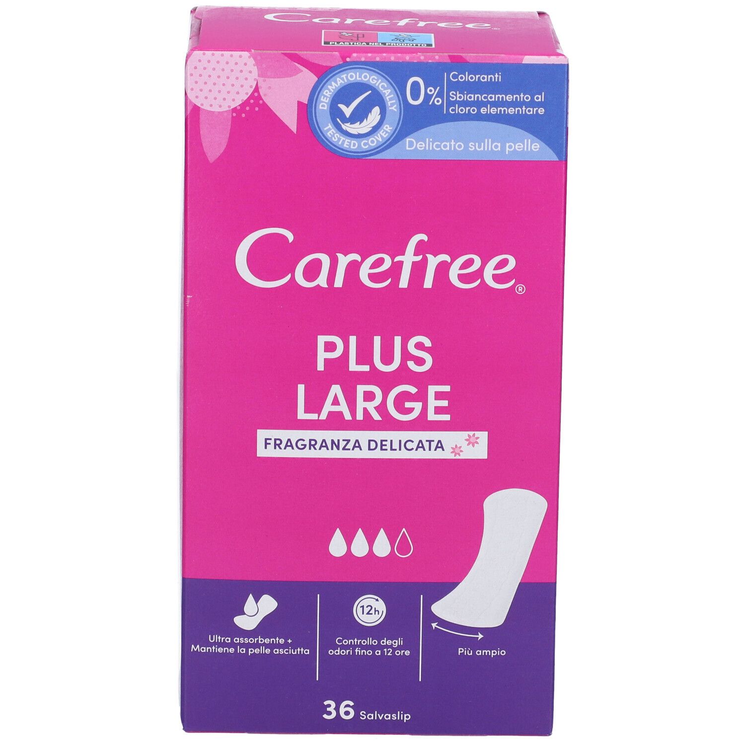 Carefree Plus Large Verpackung. Rosa-weiß. 36 Slipeinlagen. Dermatologisch getestet. Mit Duft.