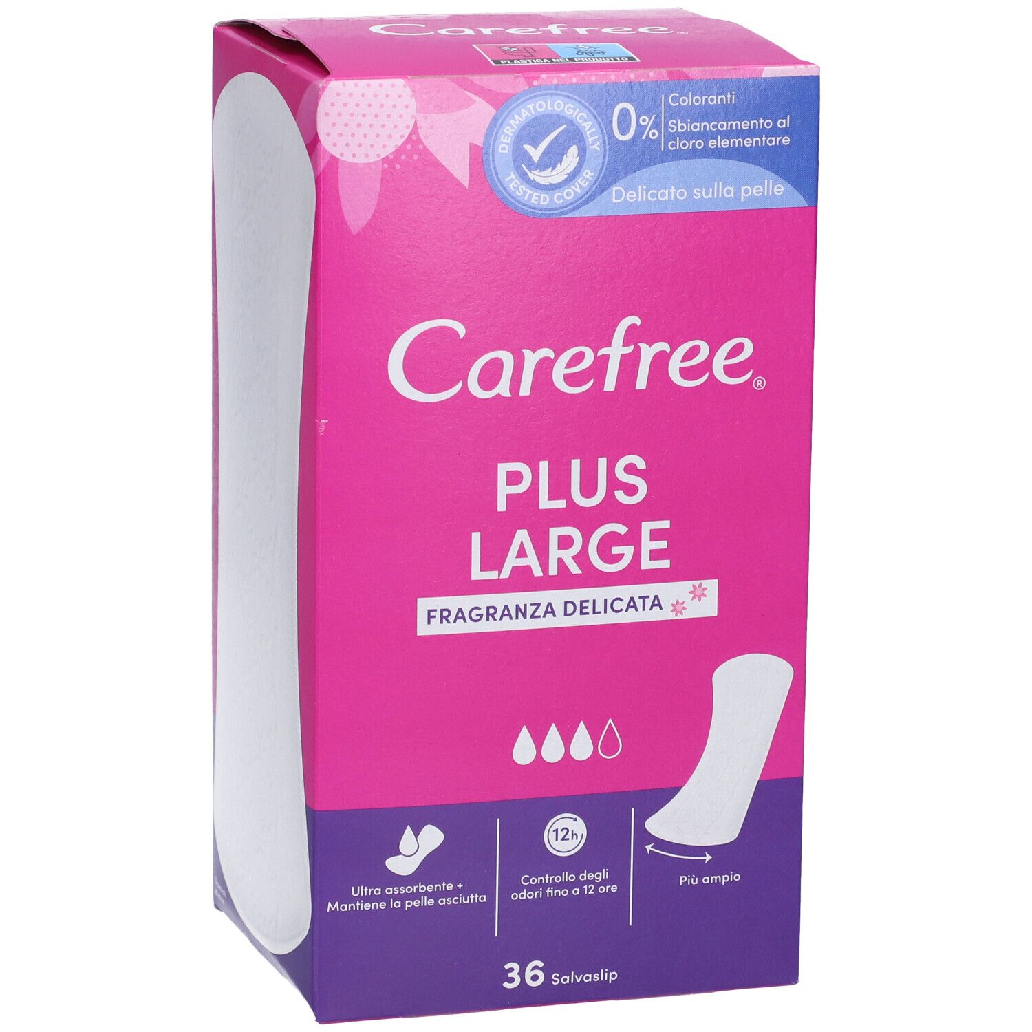 Carefree Plus Large Verpackung. Rosa-weiß. 36 Slipeinlagen. Dermatologisch getestet. Mit Duft.