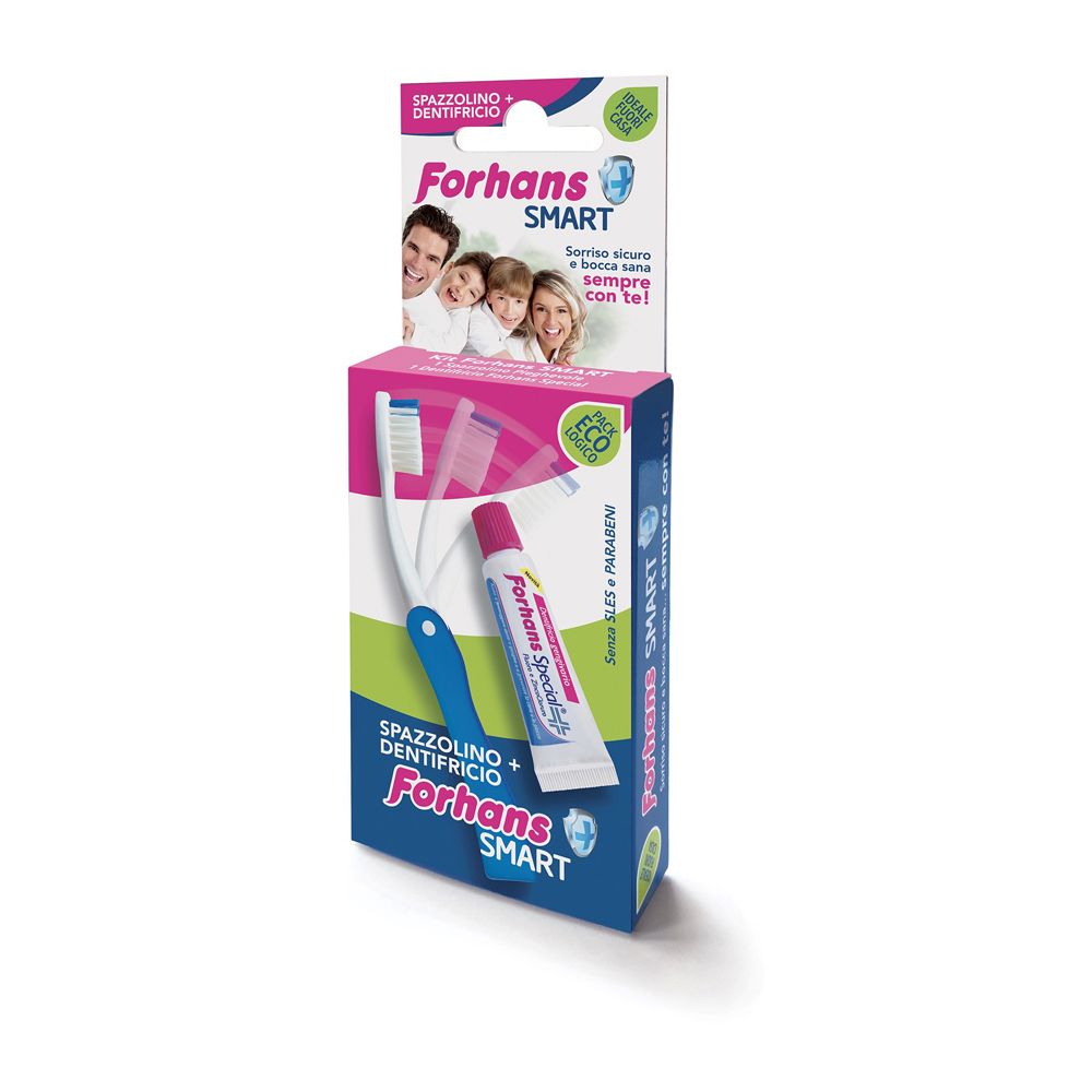 Set spazzolino e dentifricio in confezione. Colori blu, bianco e verde. Marchio Forhans Smart.