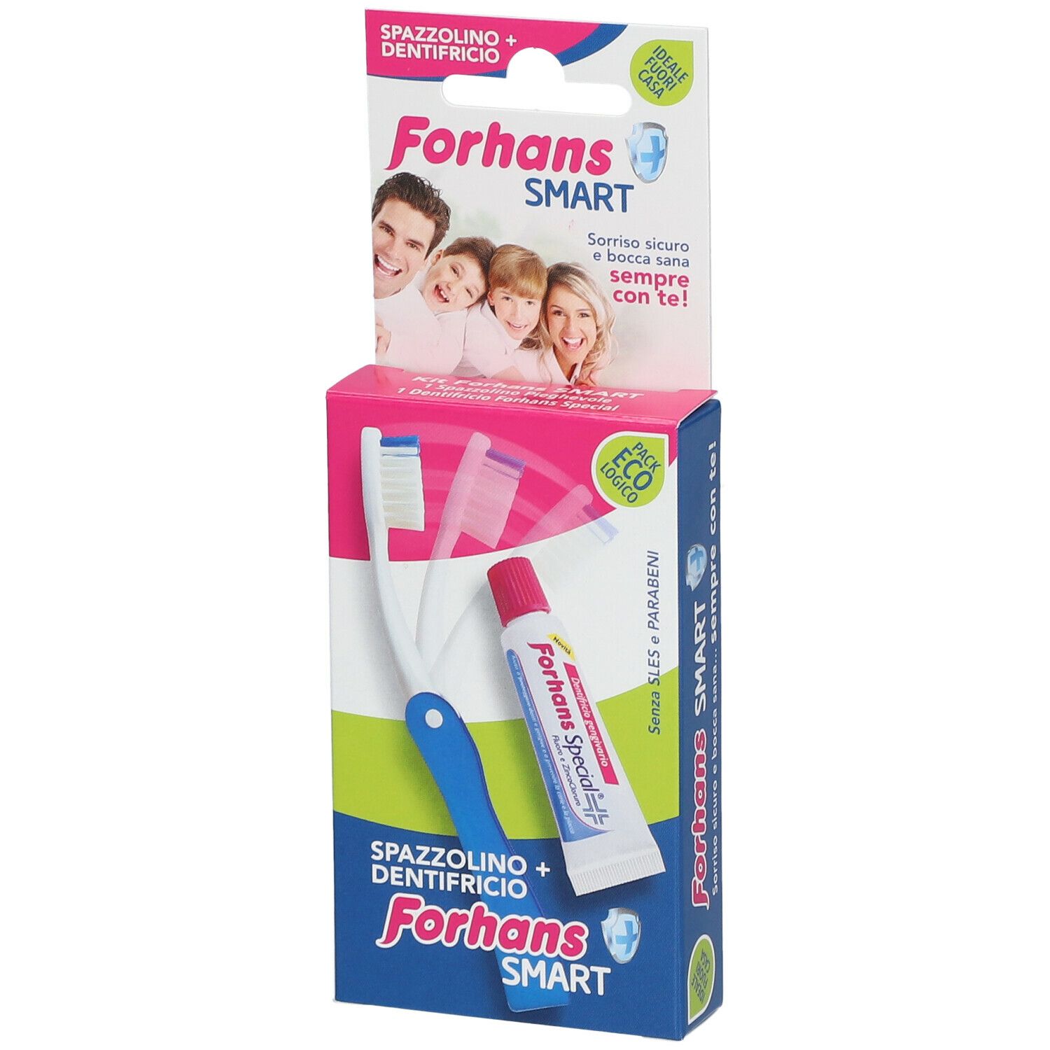 Set spazzolino e dentifricio in confezione. Colori blu, bianco e verde. Marchio Forhans Smart.