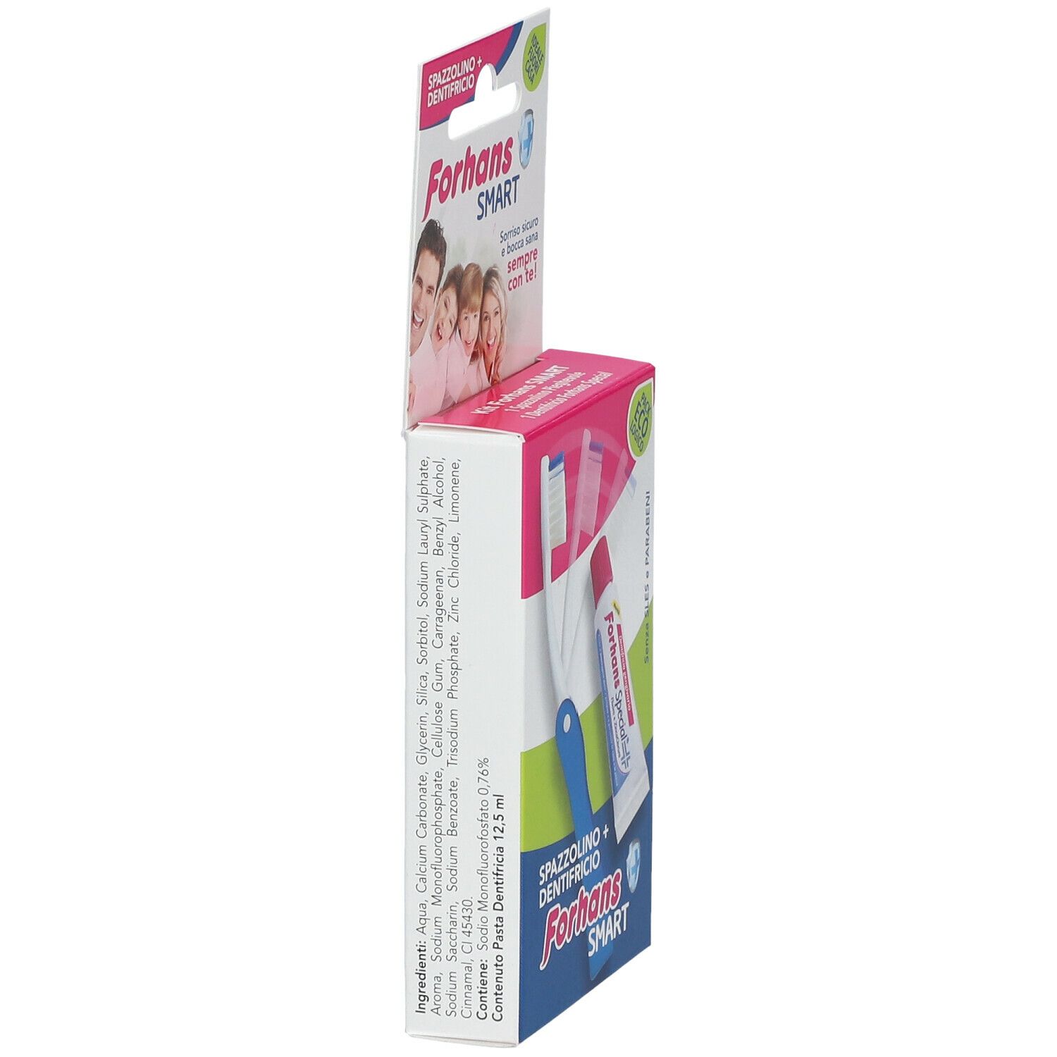 Vista laterale della confezione. Testo: ingredienti, contenuto 12,5 ml, marchio Forhans Smart.